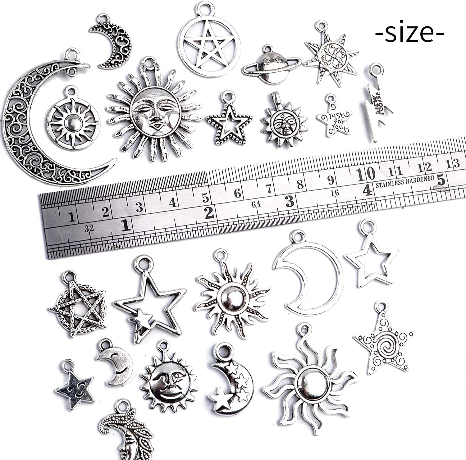 69 Pieces Antique Silver Alloy Moon Star Sun Charms Pendants Celestial Pendants Jewelry Findings for Necklace Bracelet Jewelry Making, 23 Styles