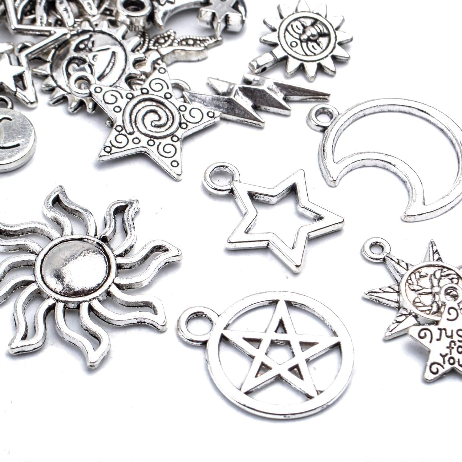 69 Pieces Antique Silver Alloy Moon Star Sun Charms Pendants Celestial Pendants Jewelry Findings for Necklace Bracelet Jewelry Making, 23 Styles