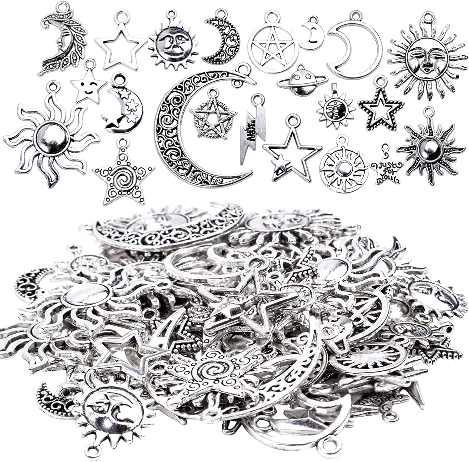 69 Pieces Antique Silver Alloy Moon Star Sun Charms Pendants Celestial Pendants Jewelry Findings for Necklace Bracelet Jewelry Making, 23 Styles