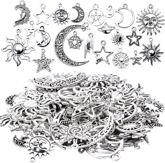69 Pieces Antique Silver Alloy Moon Star Sun Charms Pendants Celestial Pendants Jewelry Findings for Necklace Bracelet Jewelry Making, 23 Styles