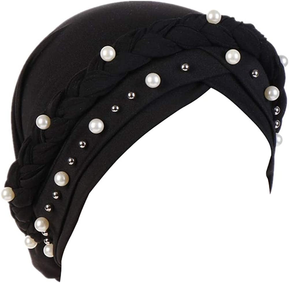 Fxhixiy Women Hijab Beading Pearl Braid Turban Hat Head Scarf Cancer Chemo Beanies Bandana Headwrap Cap Apparel & Accessories > Clothing Accessories > Headwear Fxhixiy Black