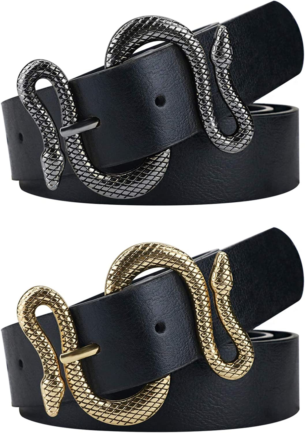 Belts for Women,Women Fashion Leather Belt for Dress with Snake Belt Buckle Apparel & Accessories > Clothing Accessories > Belts taffeta alley Black Buckle Black/Gold Buckle Black waist28.6"-32.6"
