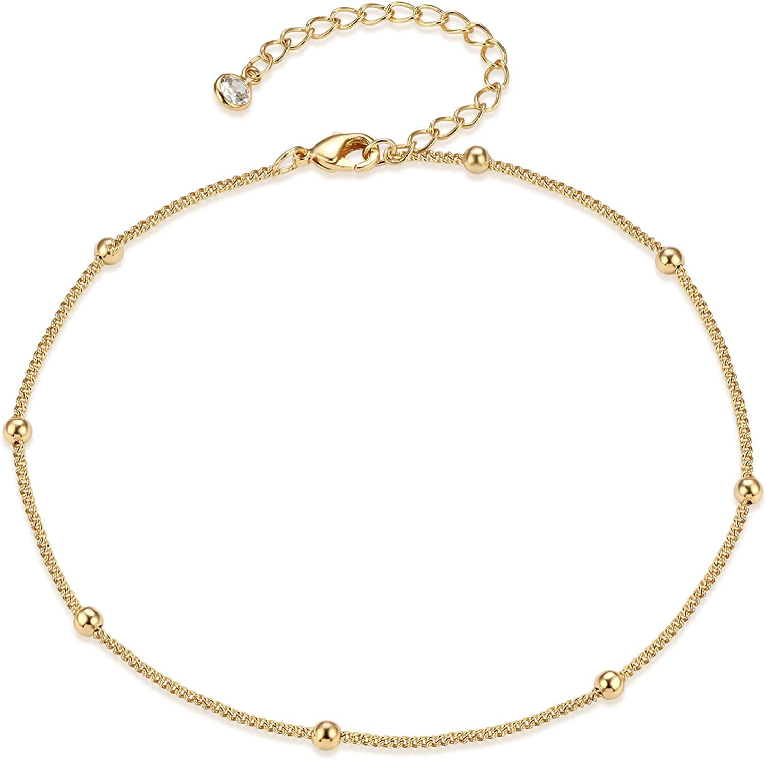 LOYATA Dainty Ankle Bracelet,14K Gold Plated Tiny Bead Anklet Dainty White Cubic Zirconia Cross Tassel Foot Chain Cute Lucky Moon Evil Eye Foot Jewelry Boho Anklets for Women Apparel & Accessories > Jewelry > Anklets LOYATA bead