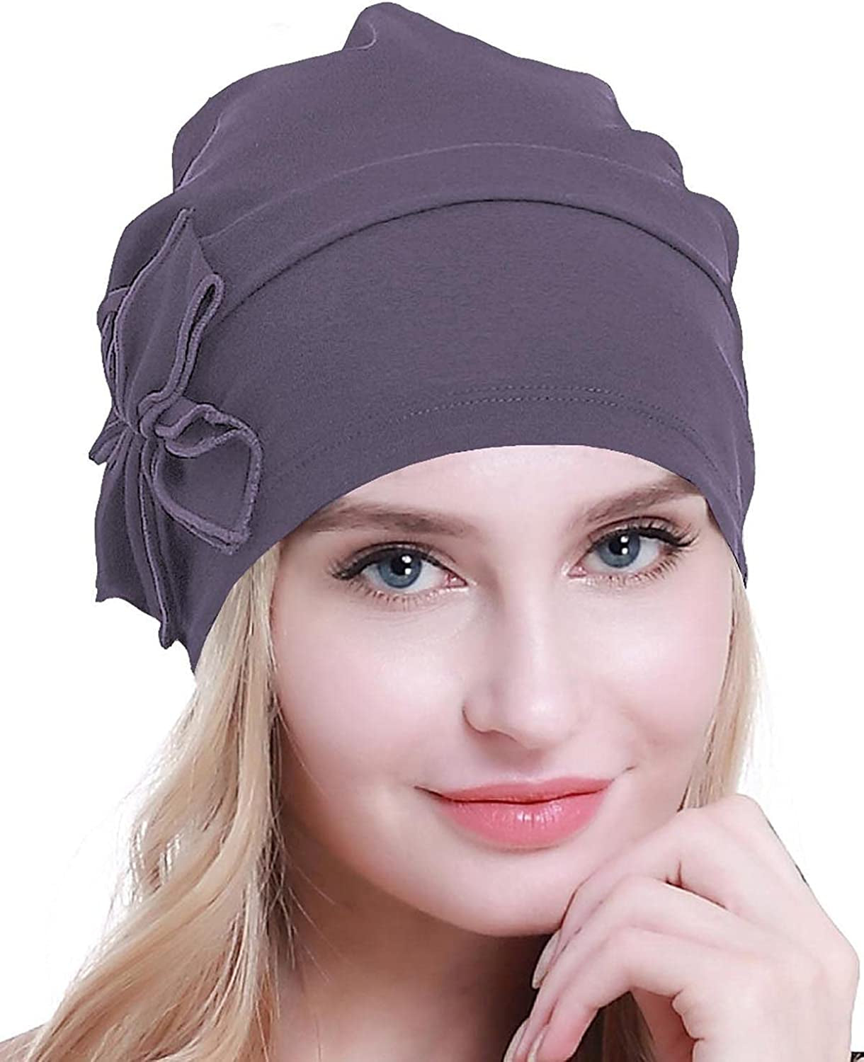 Osvyo Cotton Chemo Turbans Headwear Beanie Hat Cap for Women Cancer Patient Hairloss Apparel & Accessories > Clothing Accessories > Headwear osvyo Cotton Purple Gray One Size