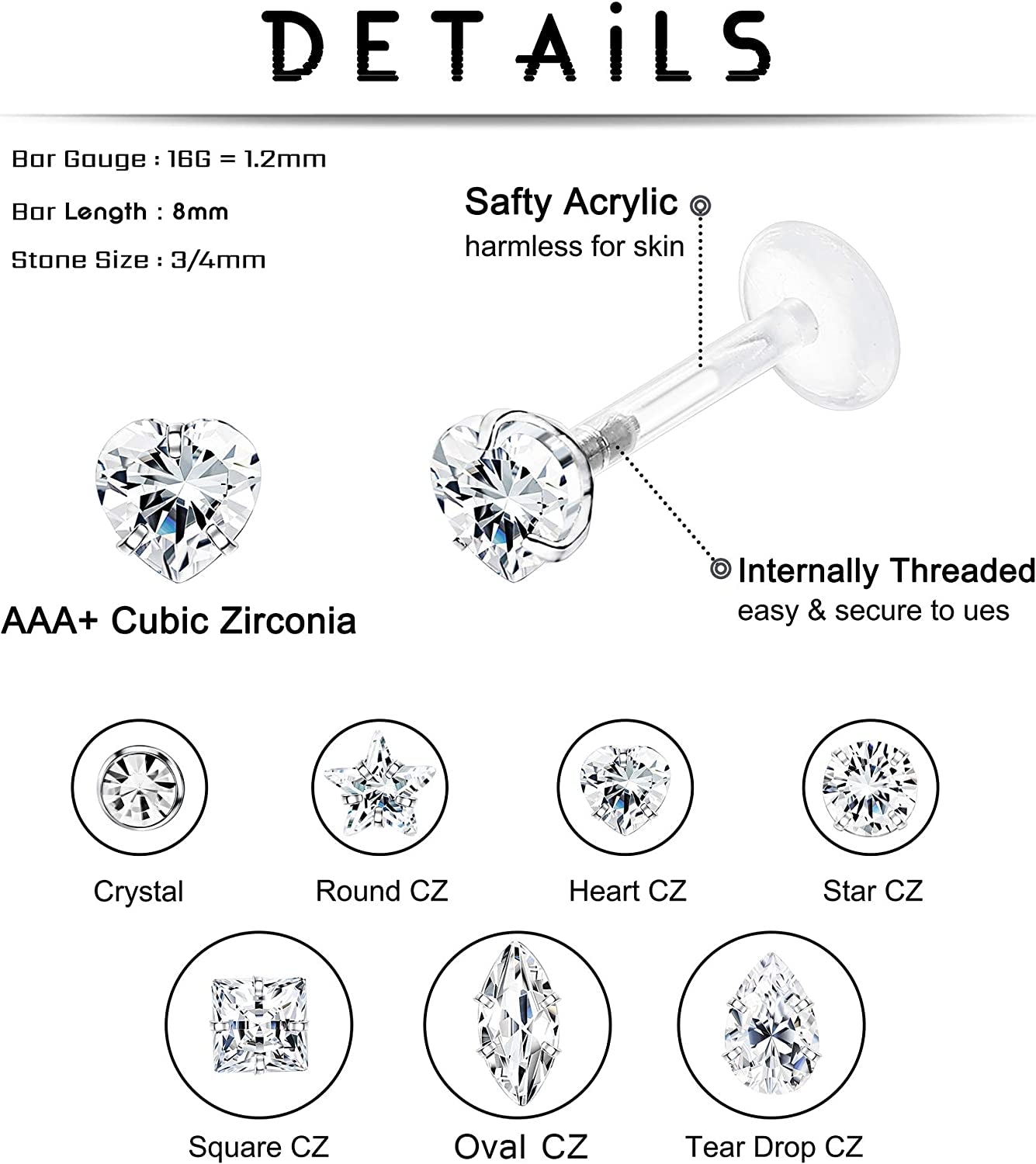 Jstyle 14Pairs 16G Forward Helix Cartilage Tragus Earring Studs Internal Threaded Labret Lip Monroe Ring 8MM Barbell Body Piercing Jewelry Apparel & Accessories > Jewelry > Body Jewelry Jstyle