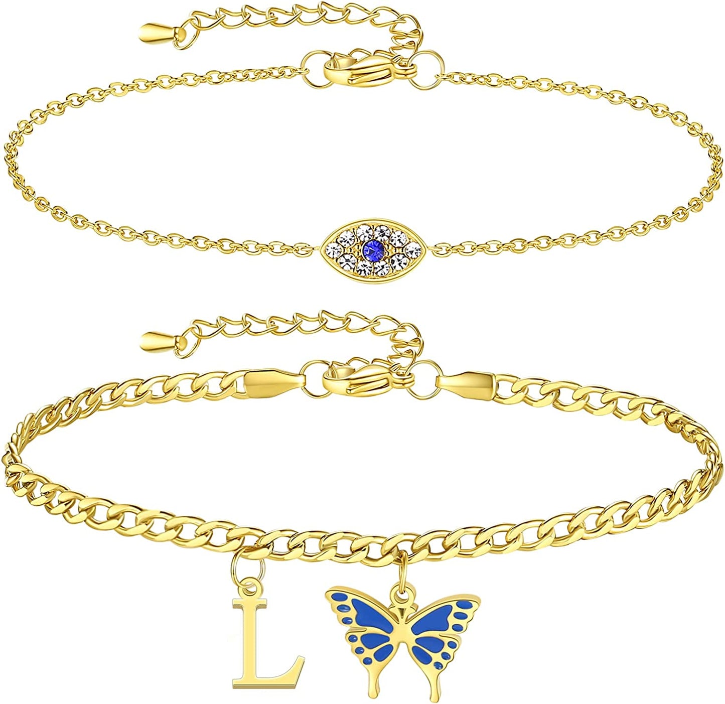 SAM & LORI 2 Pcs Anklets Set 18K Gold Plated Dainty Layered Personalized Initial Anklets Bracelets - Blue Butterfly - Sparkling CZ Evil Eye - Adjustable Summer Jewelry for Women Teen Girls Apparel & Accessories > Jewelry > Anklets SAM & LORI "Butterfly Evil Eye - L