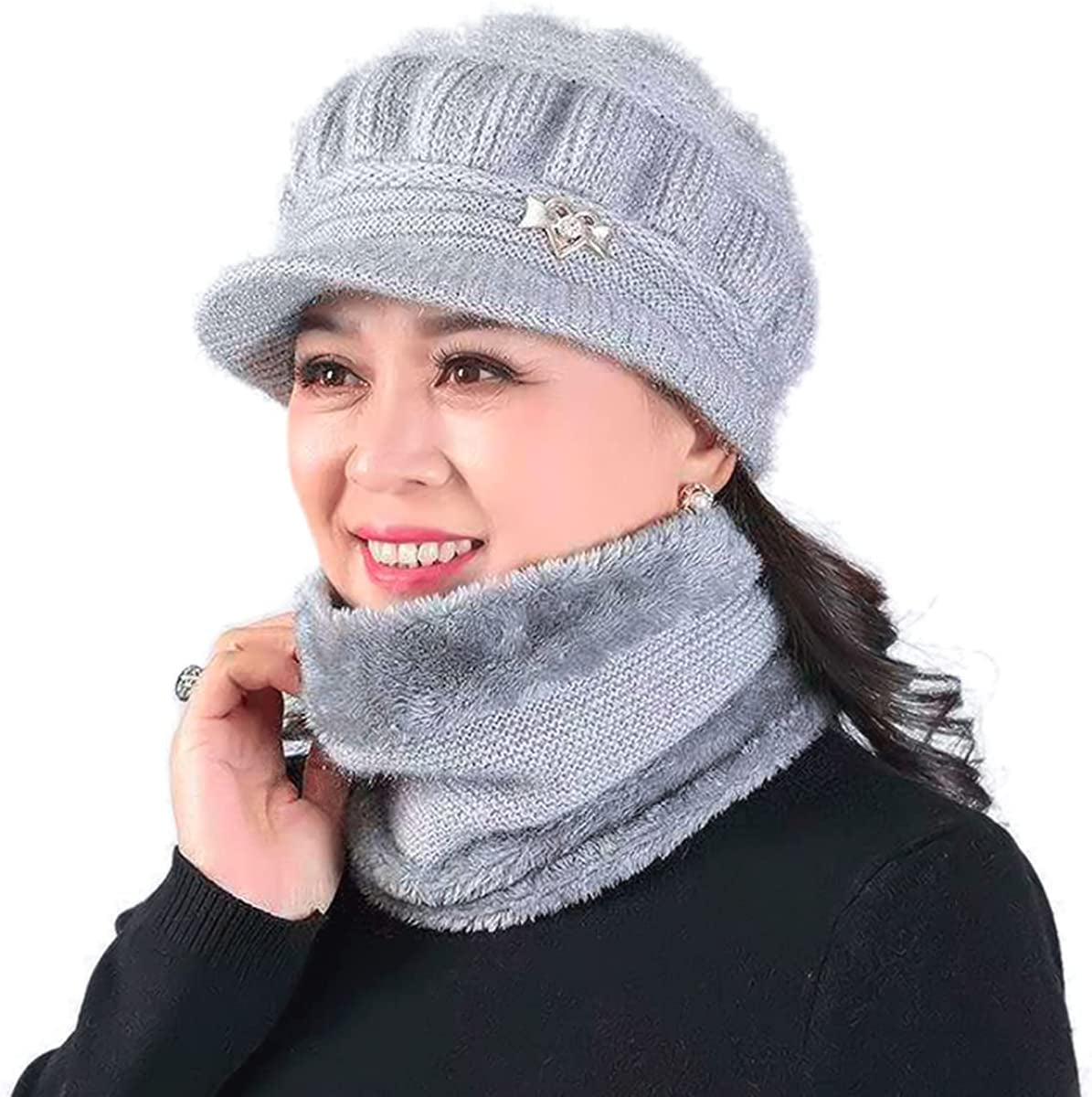 DANMY Women'S Winter Hat, Fleece Lined Womens Beanie Hat, Middle-Aged and Old Warm Earmuff Hat for Women Apparel & Accessories > Clothing Accessories > Hats DANMY 2pcs- Gray (Hat + Scarf) One Size