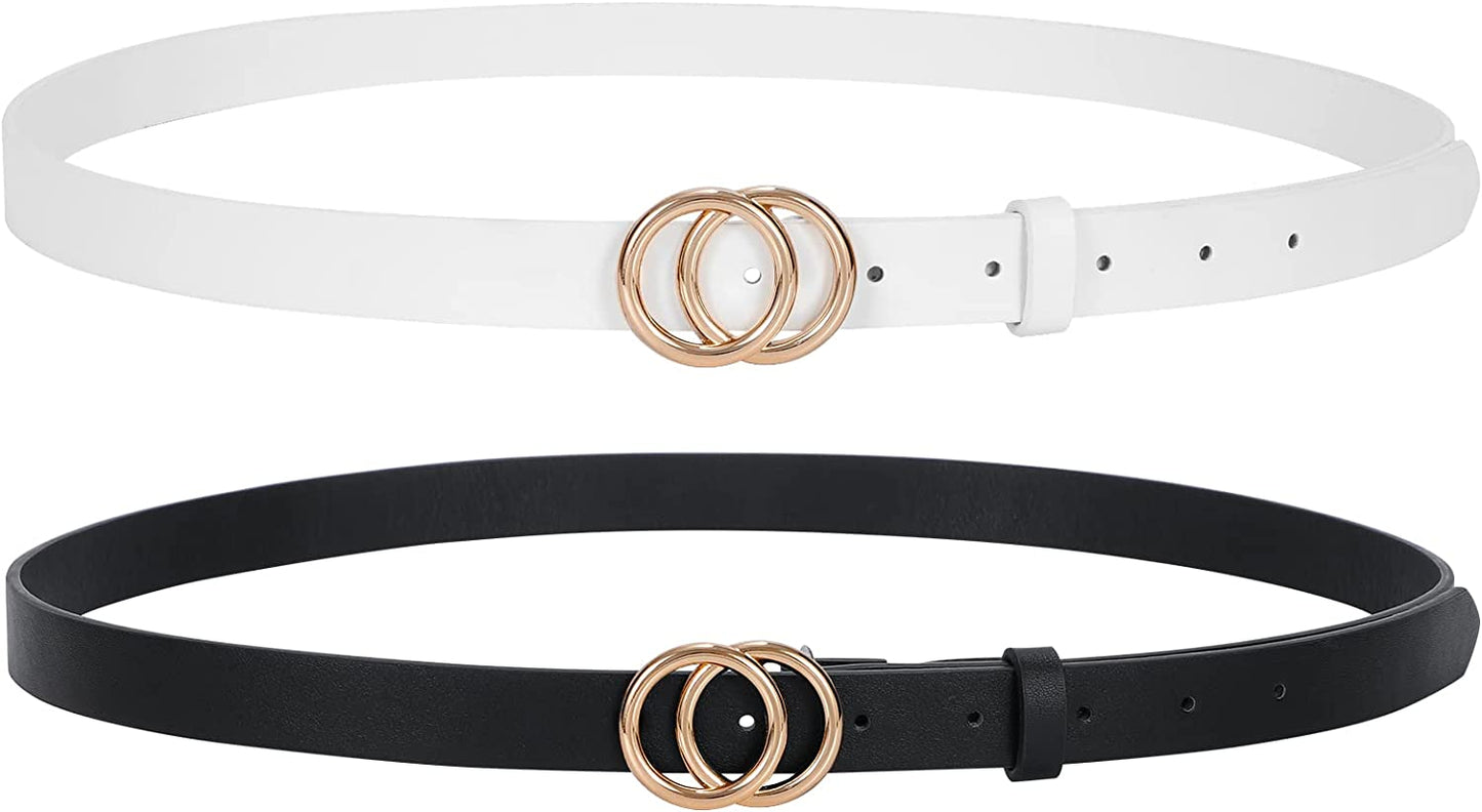 Double Ring Leather Belts for Women SANSTHS O-Style Gold Buckle Skinny Dress Belt 0.86 Inch Width for Jeans Pants Apparel & Accessories > Clothing Accessories > Belts SANSTHS L-black(gold Buckle)+white(gold Buckle) Fit Pants Size 48-52Inch