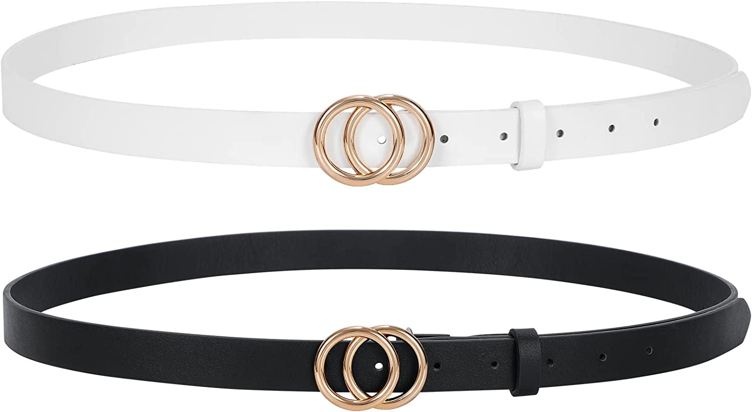 Double Ring Leather Belts for Women SANSTHS O-Style Gold Buckle Skinny Dress Belt 0.86 Inch Width for Jeans Pants Apparel & Accessories > Clothing Accessories > Belts SANSTHS L-black(gold Buckle)+white(gold Buckle) Fit Pants Size 48-52Inch