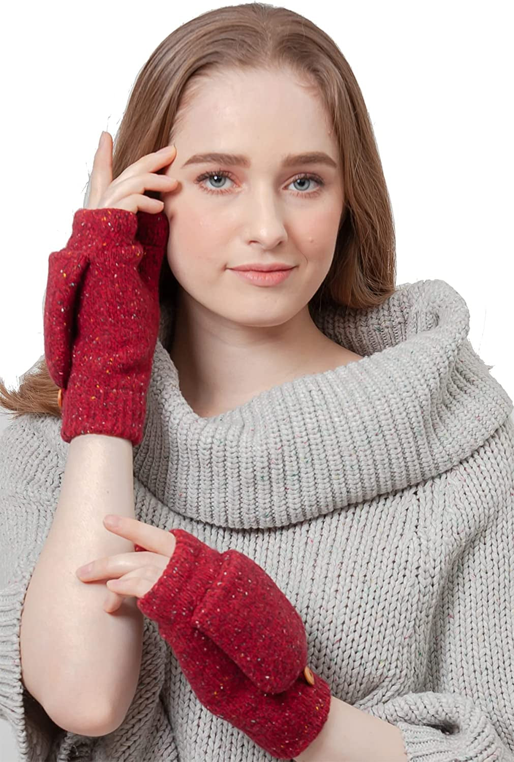 BYOS Women'S Winter Cozy Diamond Pattern Fleece Lined Flip Top Convertible Knit Gloves Mittens Apparel & Accessories > Clothing Accessories > Gloves & Mittens Be Your Own Style Speckle Red