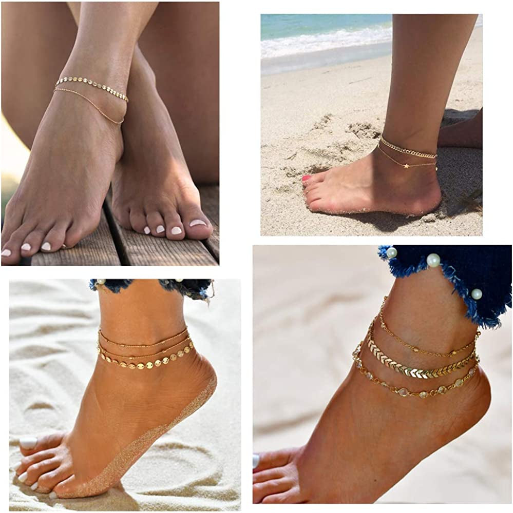 Softones 16Pcs Ankle Bracelets for Women Girls Gold Silver Two Style Chain Beach Anklet Bracelet Jewelry Anklet Set,Adjustable Size Apparel & Accessories > Jewelry > Anklets Softones