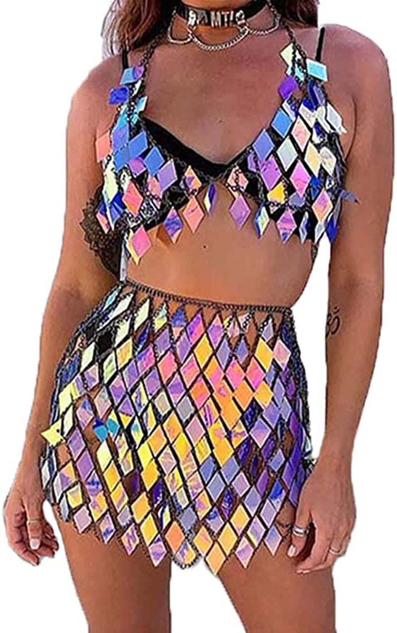 Nicute Festival Body Chain Sequins Tassel Skirt Set Sexy Summer Beach Bikini Bra Body Jewelry for Women and Girls Apparel & Accessories > Jewelry > Body Jewelry Nicute Light Blue