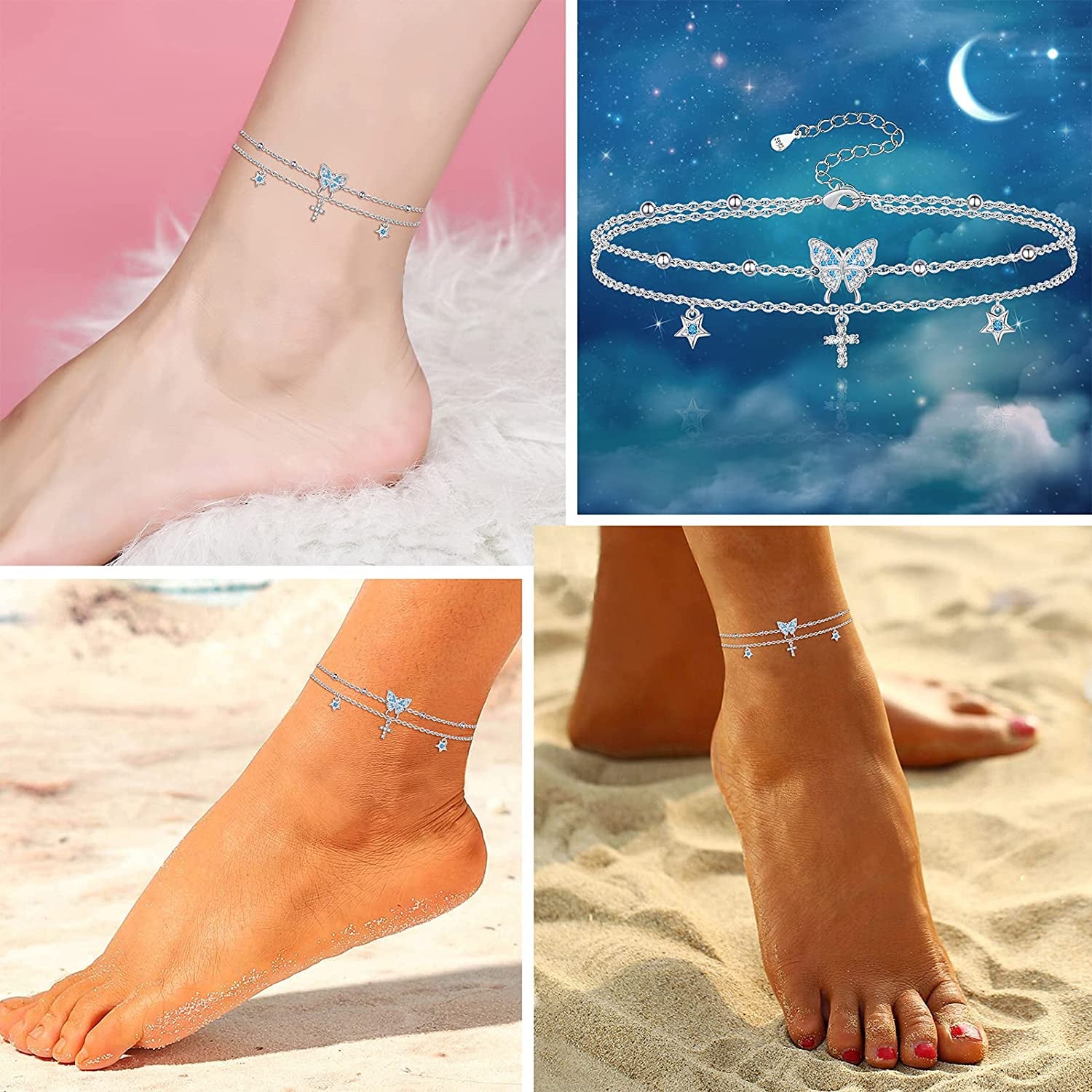 Butterfly Anklet for Women 925 Sterling Silver Layered Anklets Bracelets Adjustable Summer Beach Anklets Jewelry Gifts for Women Girls Wife Grandmother Apparel & Accessories > Jewelry > Anklets Allurelady