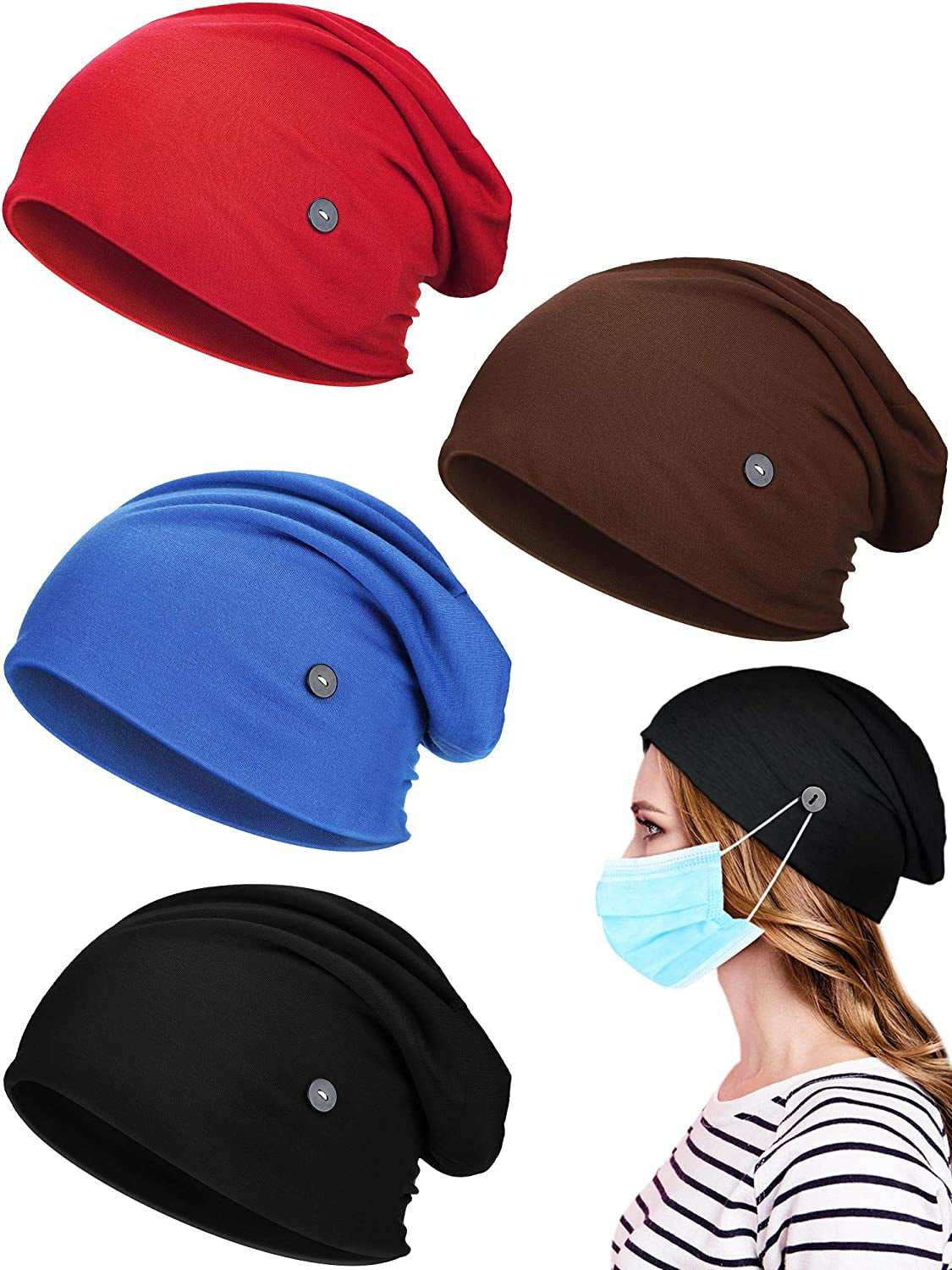 SATINIOR 4 Pieces Slouchy Beanie Caps with Buttons Bouffant Cap Elastic Sleeping Hats Button Headwrap Apparel & Accessories > Clothing Accessories > Headwear SATINIOR Brown