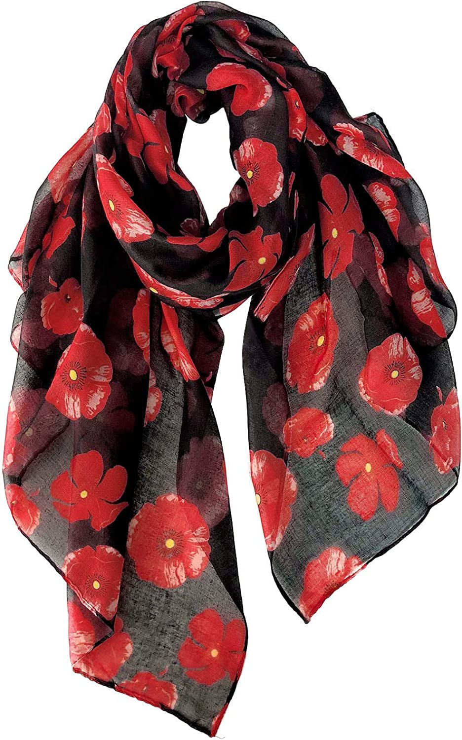 GERINLY Red Poppy Flower Scarfs for Women Lightweight Florals Shawl Wraps Spring Travel Accessory Apparel & Accessories > Clothing Accessories > Scarves & Shawls GERINLY Black