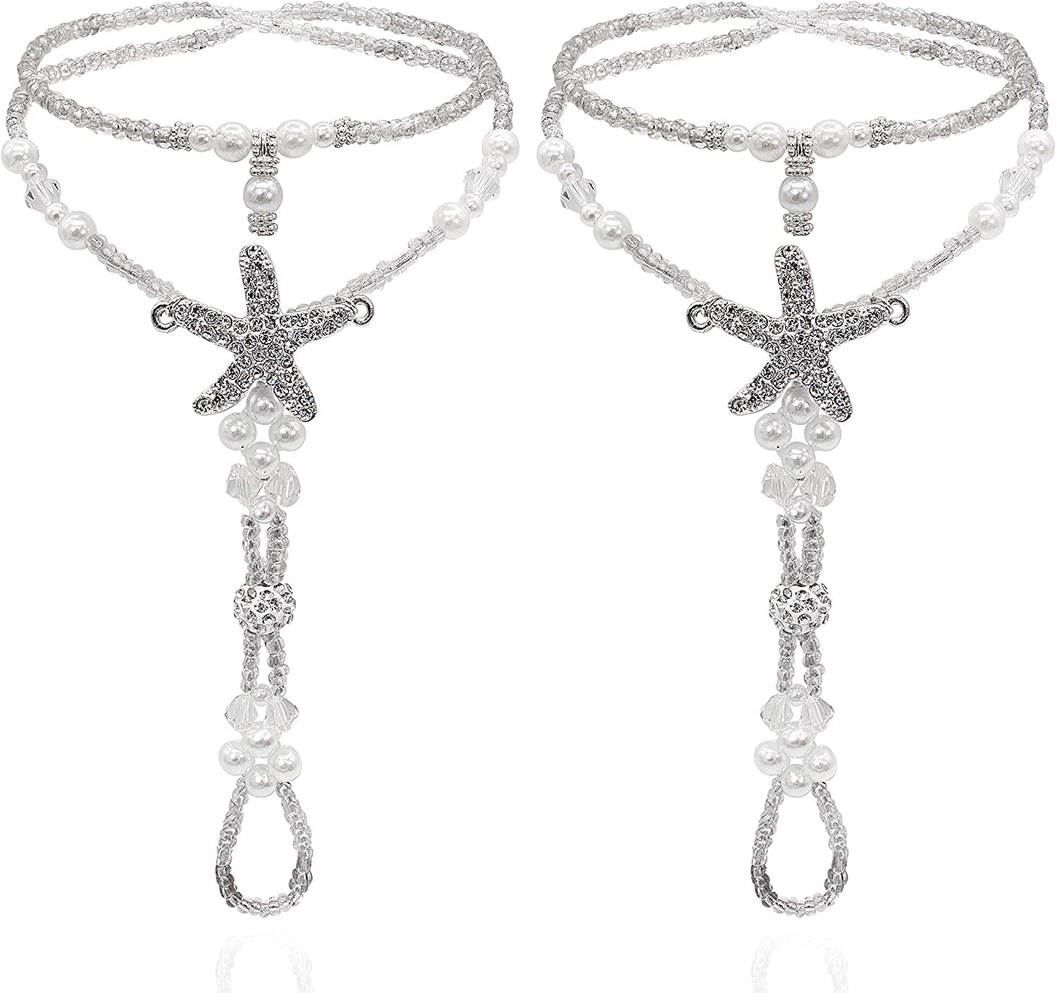 Bellady Foot Jewelry Barefoot Sandals for Women Wedding, Starfish Ankle Bracelet with Rhinestone 1 Pair Apparel & Accessories > Jewelry > Anklets Bellady White