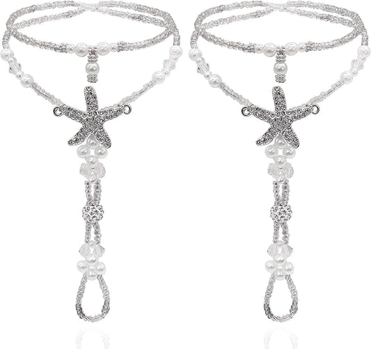 Bellady Foot Jewelry Barefoot Sandals for Women Wedding, Starfish Ankle Bracelet with Rhinestone 1 Pair Apparel & Accessories > Jewelry > Anklets Bellady White
