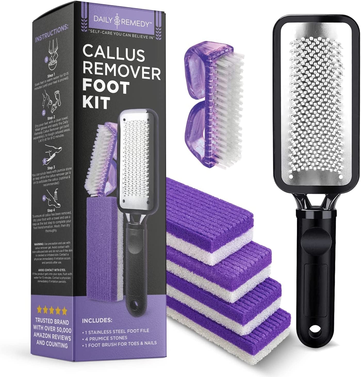 DAILY REMEDY Foot Callus Remover Set - Includes 1 Stainless Rasp Foot File, 4 Premium Pumice Stone and 1 Nail Brush, Best Foot Care Pedicure Tools to Remove Hard Dry Skin (Purple) Health & Beauty > Personal Care > Foot Care DAILY REMEDY Purple