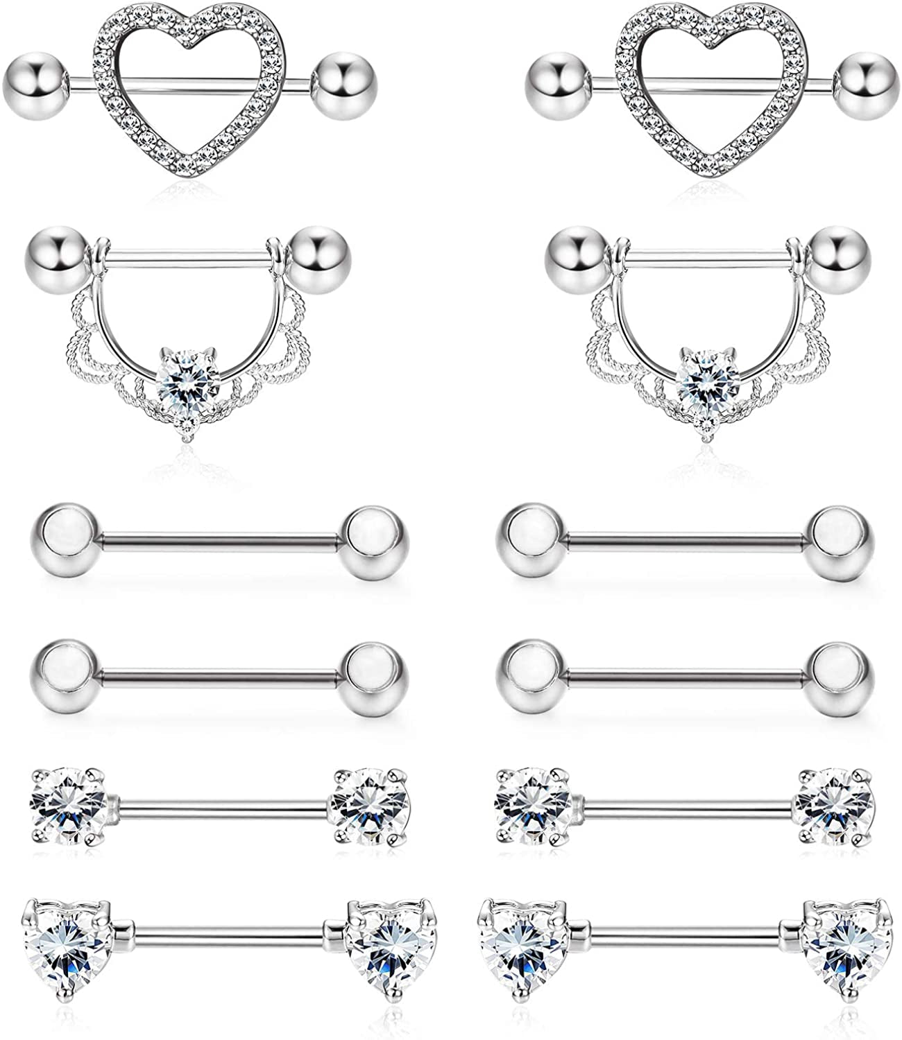 FINREZIO 6-8 Pairs 14G Nipple Rings 316L Surgical Steel Heart CZ Tongue Barbell Body Piercing Shield Ring Set 5/8 Inches Apparel & Accessories > Jewelry > Body Jewelry FINREZIO SILVER