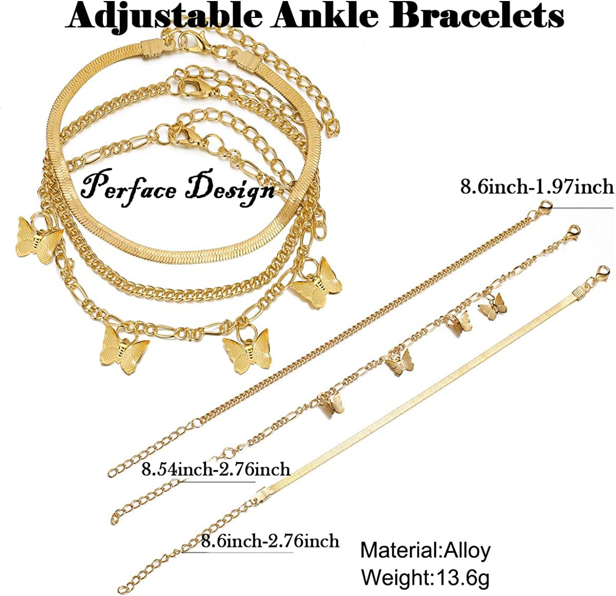 Ronglry 5Pcs Gold Ankle Bracelets for Women Girls Cuban Link Ankle Bracelet Cuban Chain Anklet Butterfly Anklet Set Rhinestone Tennis Anklet Adjustable Layered Link Anklets Summer Beach Gifts Apparel & Accessories > Jewelry > Anklets Ronglry