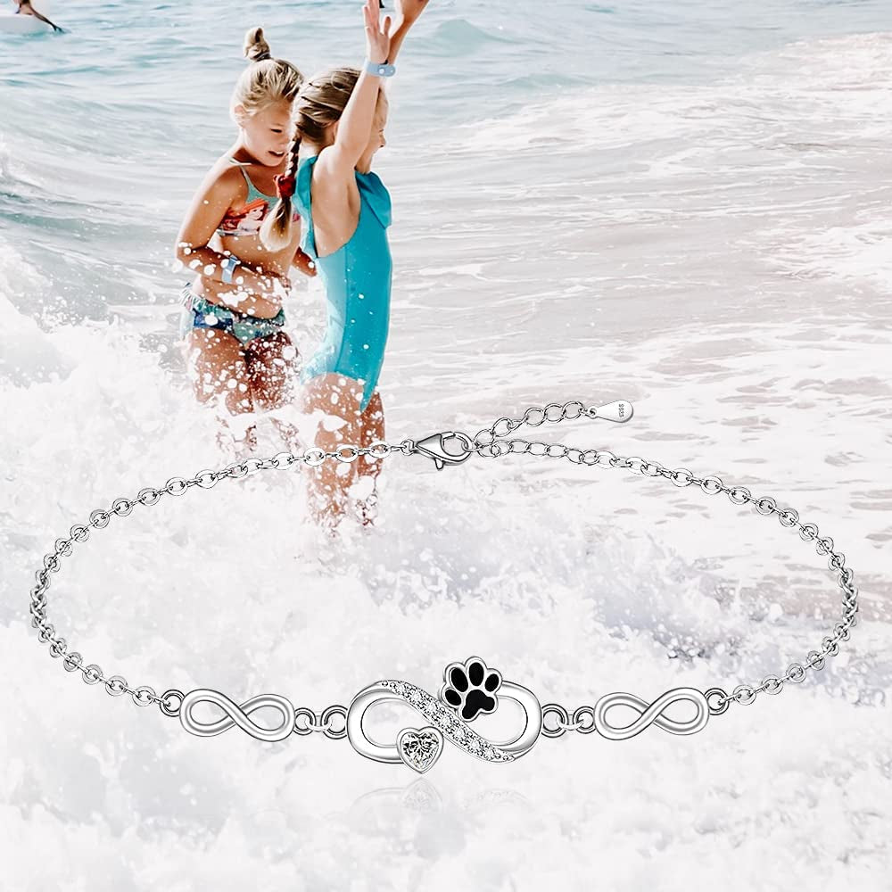 Paw Print Anklet S925 Sterling Silver Infinity Heart Puppy Dog Cat Ankle Bracelets for Women Girls Beach Pet Barefoot Paws Hawaiian Boho Cute Adjustable Anklets Mothers Day Gifts Apparel & Accessories > Jewelry > Anklets Fenthring