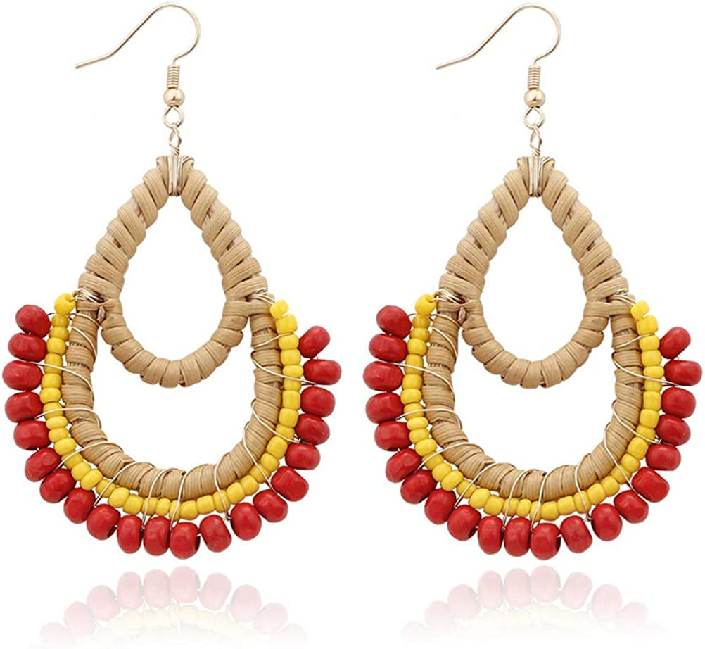 Bohemian Rattan Wooden Beads Fish Hook Circle/Teardrop Earrings Dangle Drop Jewelry for Women Girls Apparel & Accessories > Jewelry > Earrings VEETOO Red