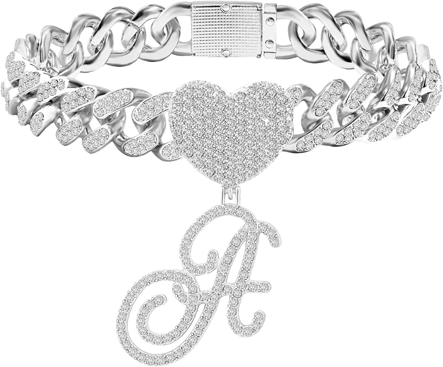 KKJTDS 13Mm Silver Cuban Link Anklets for Women Cursive Pendant Miami Cuban Link Chain Ankle Bracelets for Women Hip Hop Iced Out Letter Chain Anklet Apparel & Accessories > Jewelry > Anklets KKJTDS A