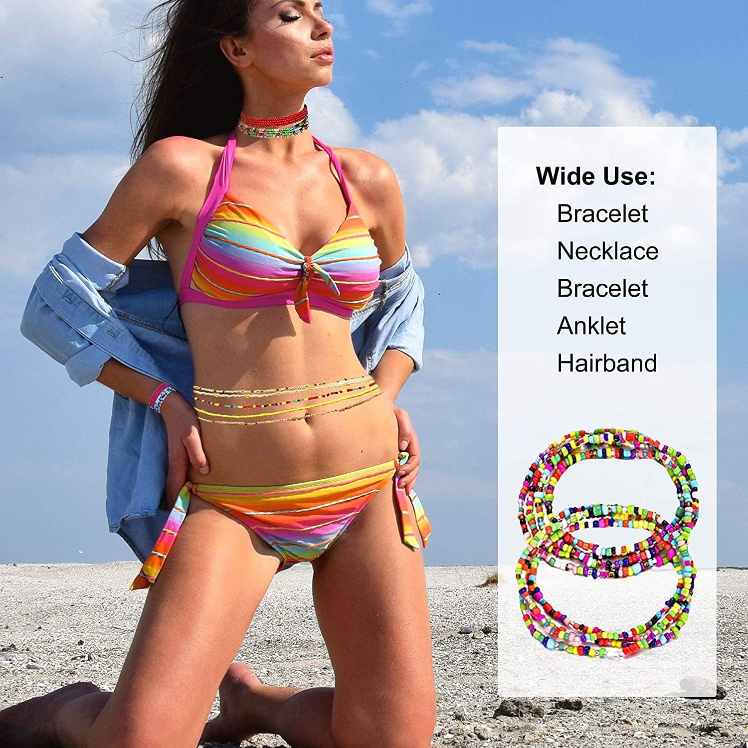 Taouzi Waist Beads for Women Colorful Beaded Body Chain Elastic String Waist Chain Beach Bikini Belly Chains Summer Jewelry for Women Girls Apparel & Accessories > Jewelry > Body Jewelry Taouzi
