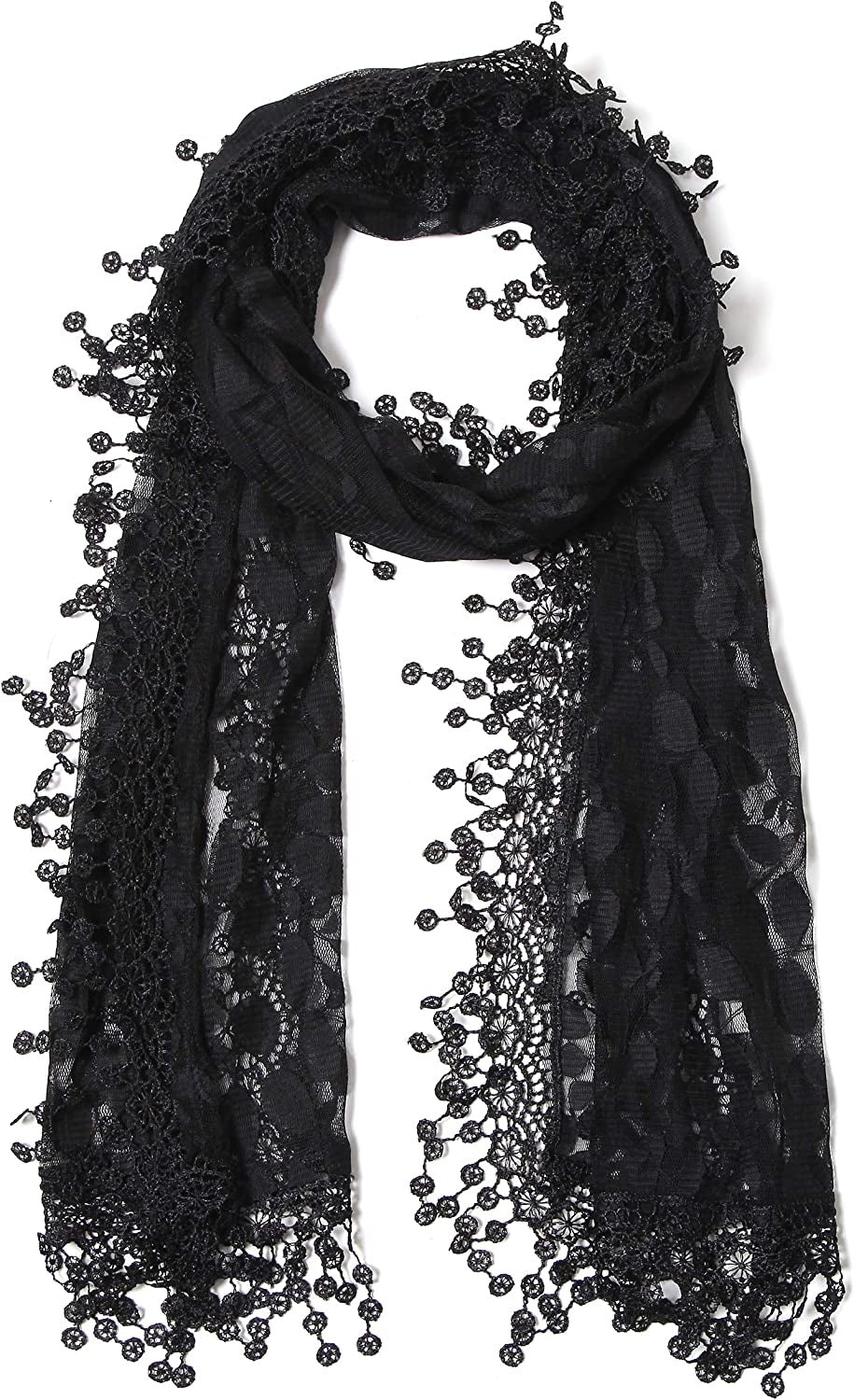 Cindy and Wendy Lightweight Soft Leaf Lace Fringes Scarf Shawl for Women Apparel & Accessories > Clothing Accessories > Scarves & Shawls Cindy and Wendy Black-1