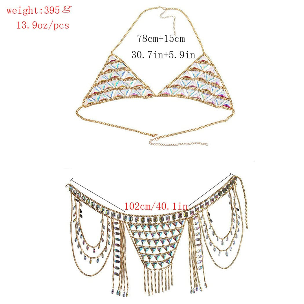 Canb Rhinestone Body Chain Suit Boho Body Waist Belly Chain Skirt Crystal Body Chain Bra Top Festival Jewelry for Women and Girls (VI) Apparel & Accessories > Jewelry > Body Jewelry CanB