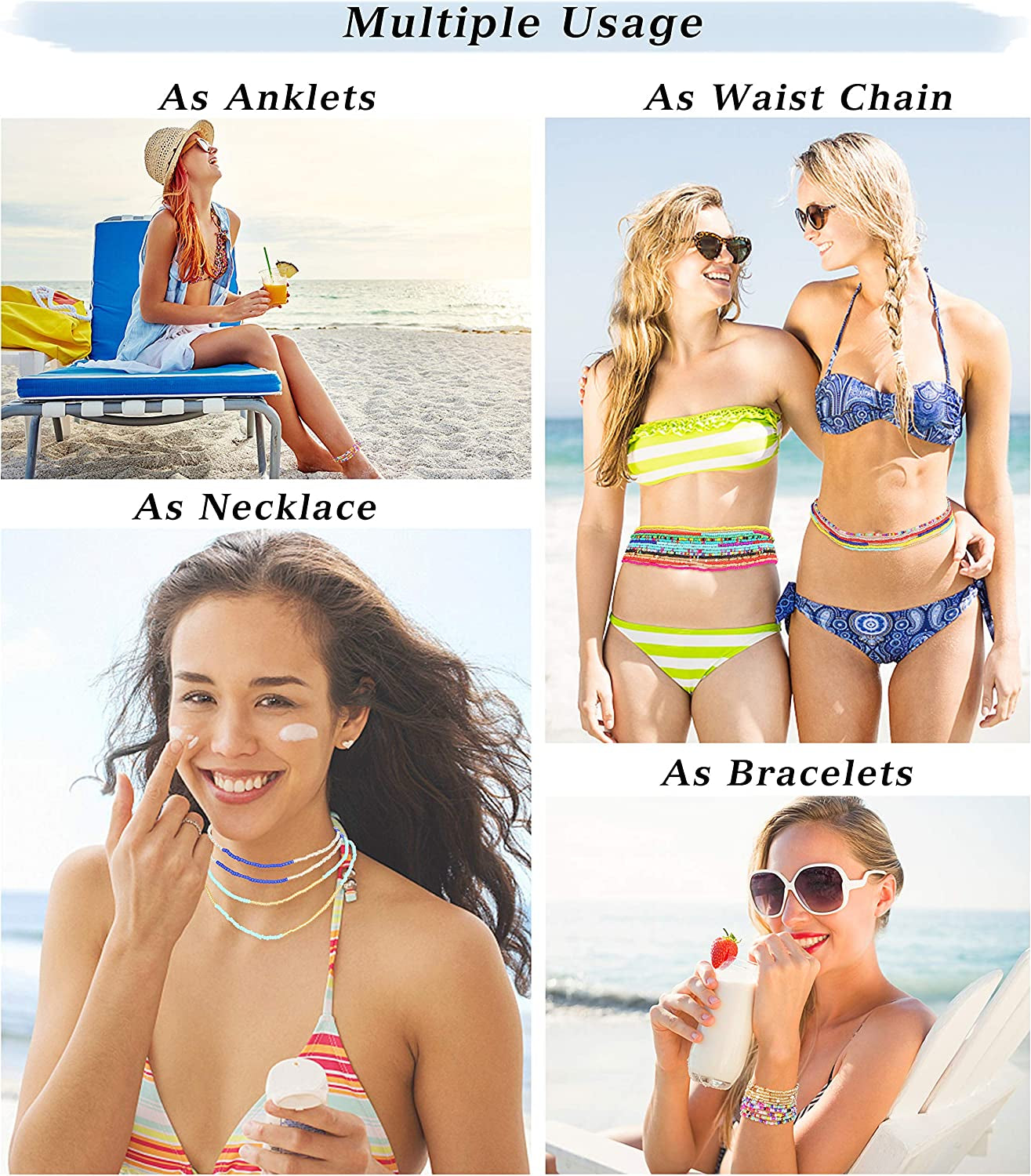 FIBO STEEL 24 Pcs Belly Waist Necklace Chain Summer Jewelry Bikini Body Chain for Women African Waist Bead Set Stretchy Elastic String Multi-Color Sexy Bracelet Anklet Apparel & Accessories > Jewelry > Body Jewelry FIBO STEEL
