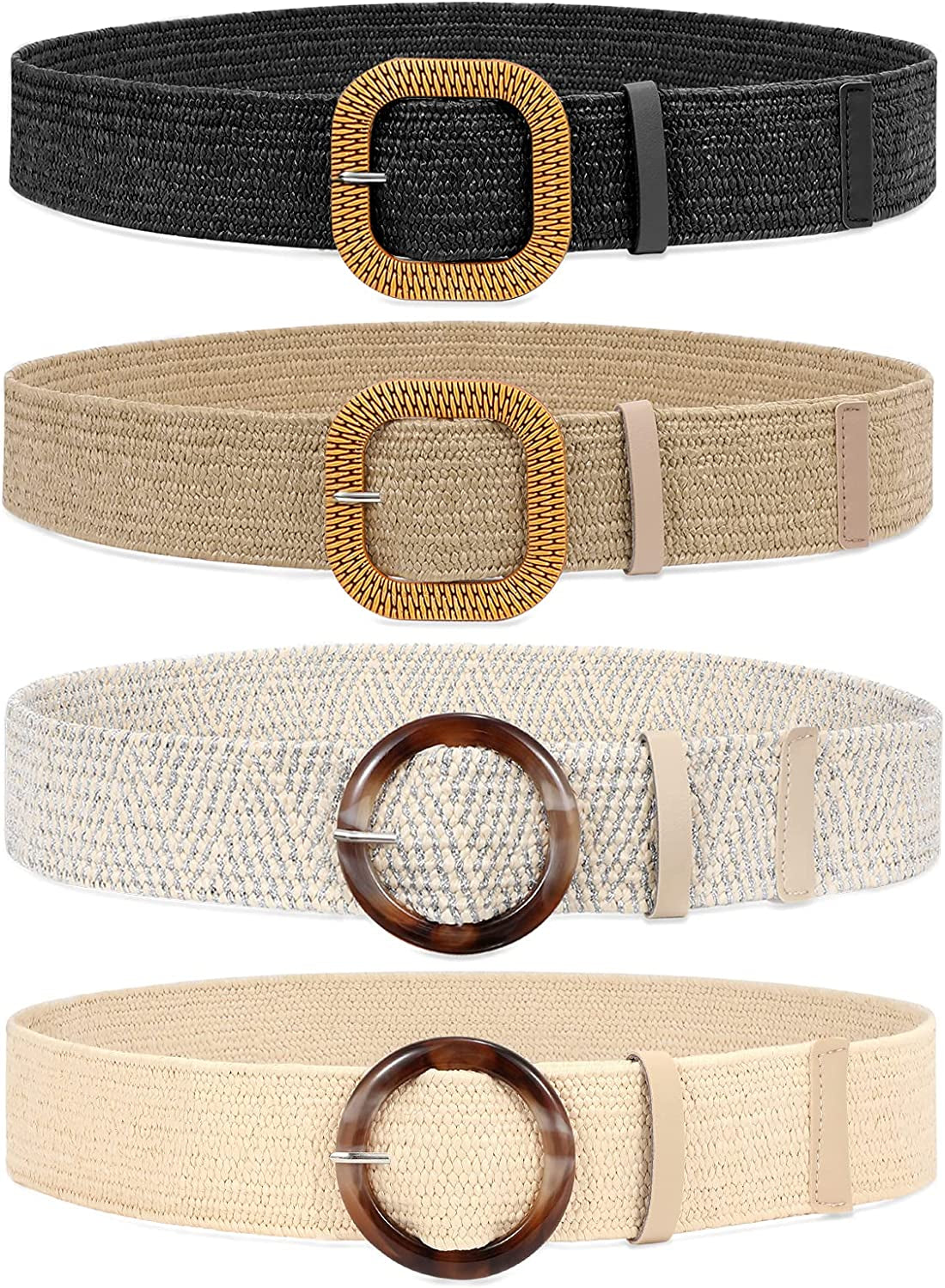 Set of 4 Straw Woven Elastic Stretch Waist Belts for Women, Fashion Boho Ladies Braided Skinny Dress Belt by WHIPPY Apparel & Accessories > Clothing Accessories > Belts WHIPPY 6-black/Khaki/Beige/Silver Fit Waist up to 45"