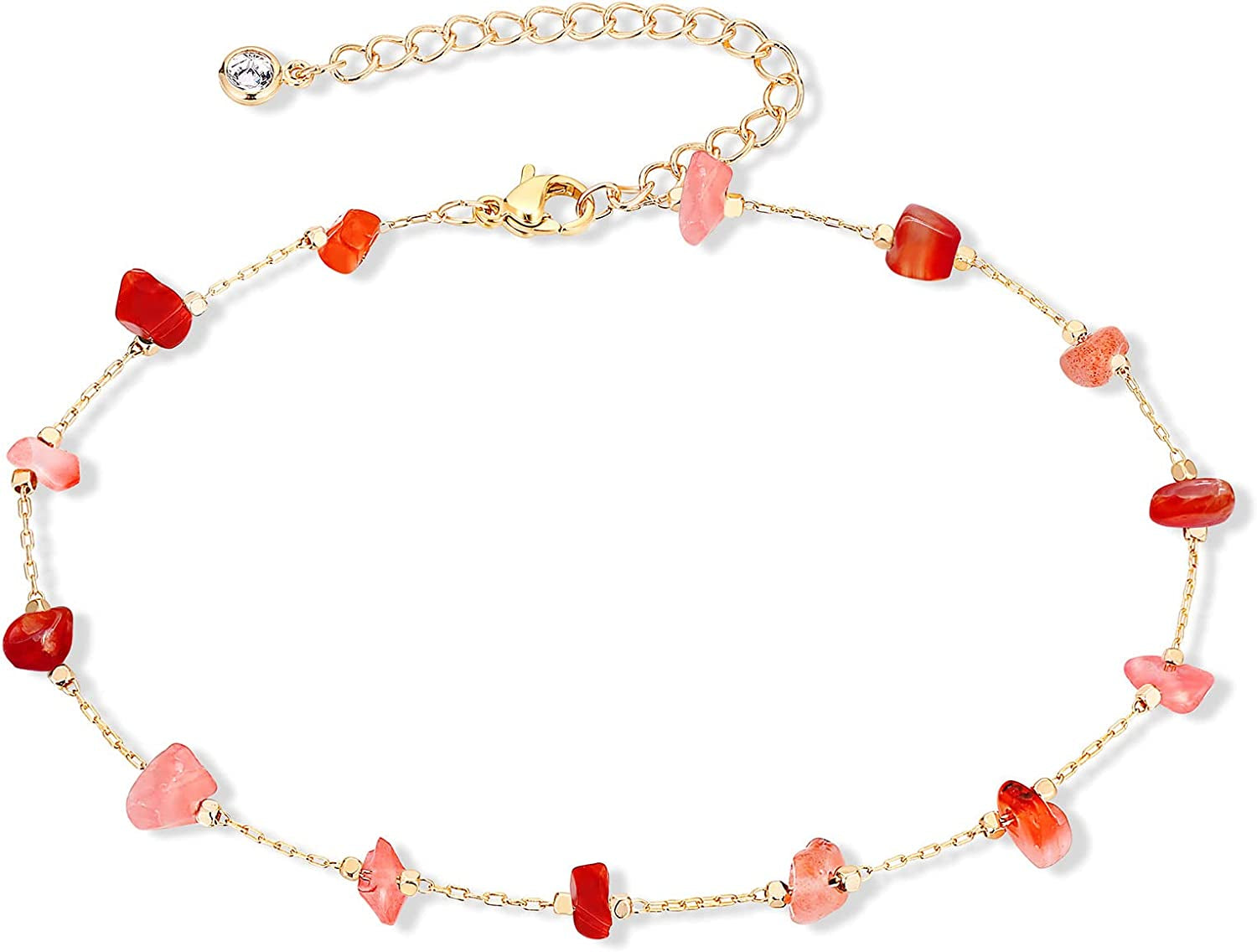 KAERUN Ankle Bracelets for Women Teen Girls Colorful Adjustable Natural Crystal 14K Gold Plated Cute Anklets Summer Beach Foot Chain Jewelry Apparel & Accessories > Jewelry > Anklets KAERUN Red Agate