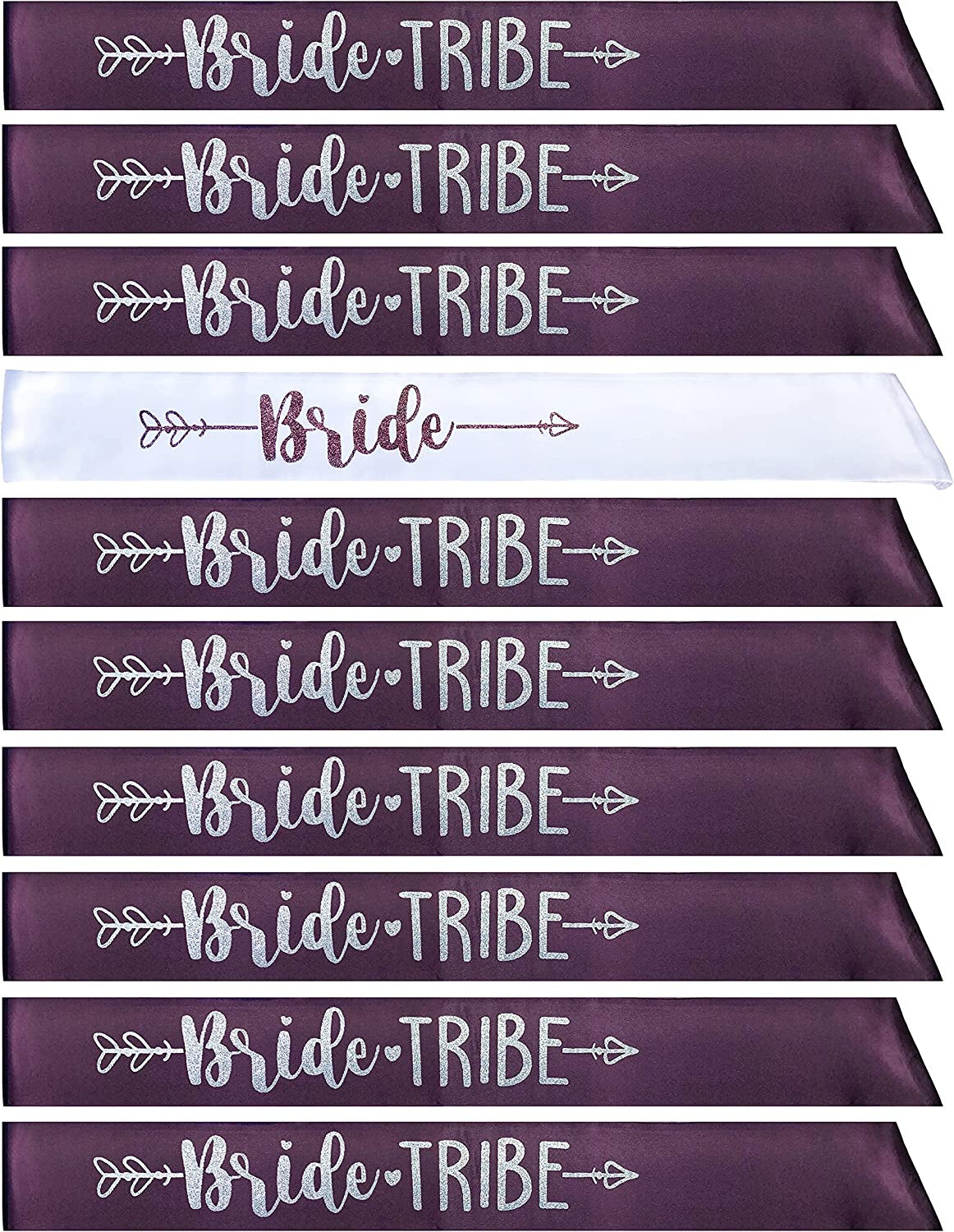 Bride Tribe 7Pc or 10Pc Satin Sash Set - Sophisticated & Fun Party Favors for Bachelorette Party, Bridal Shower & Wedding Party (Dusty Pink & Black, 10Pc Set) Apparel & Accessories > Clothing Accessories > Sashes Bachelorette to Bride Plum & Silver 10pc Set