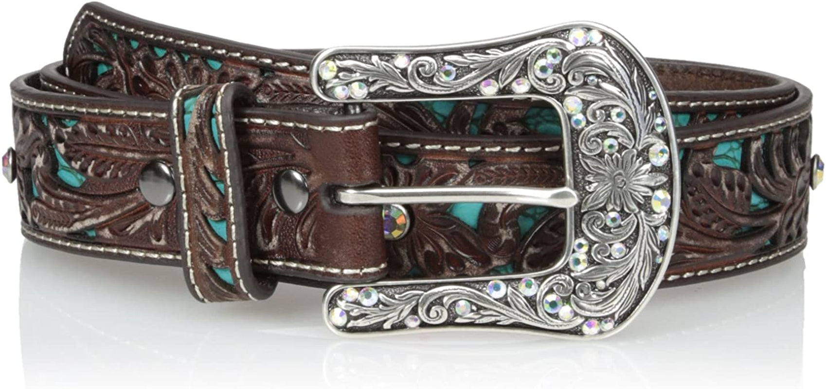 Ariat Women'S Turquoise Inlay Floral Bling Belt Apparel & Accessories > Clothing Accessories > Belts ARIAT Brown Extra Large