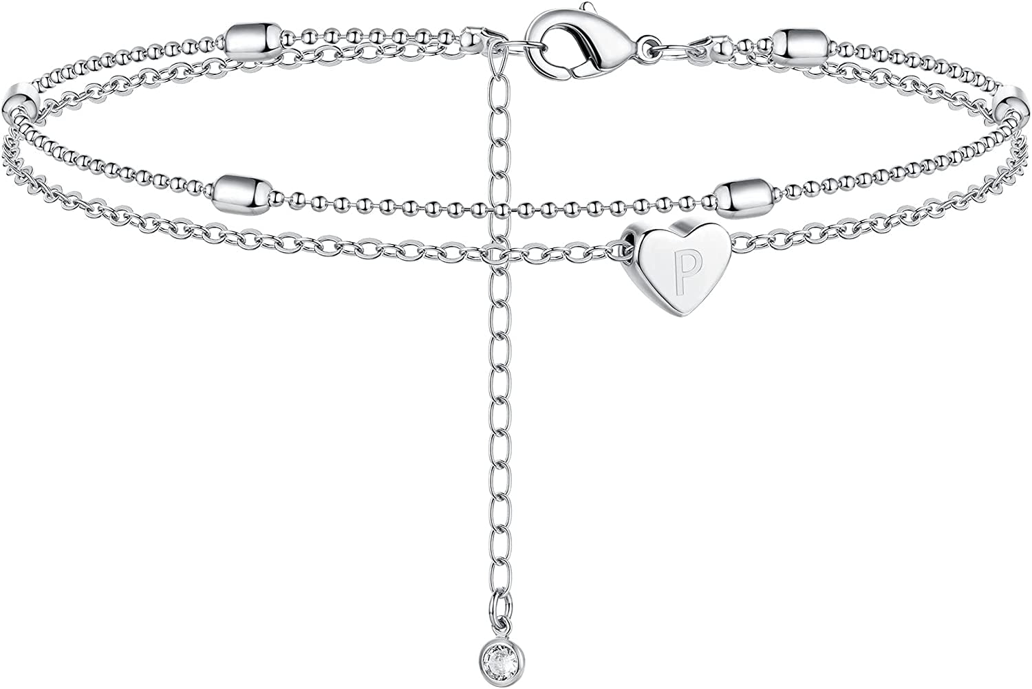 Moodear Silver Ankle Bracelets for Women, Sterling Silver Initial Anklet Layered Dainty Tiny Heart Charm Handmade Carved Alphabet A-Z Letter Ankle Bracelet Beaded Foot Chain Personalized Name Anklets Summer Cute Boho Beach Gift for Her Apparel & Accessories > Jewelry > Anklets Moodear Sterling Silver-P