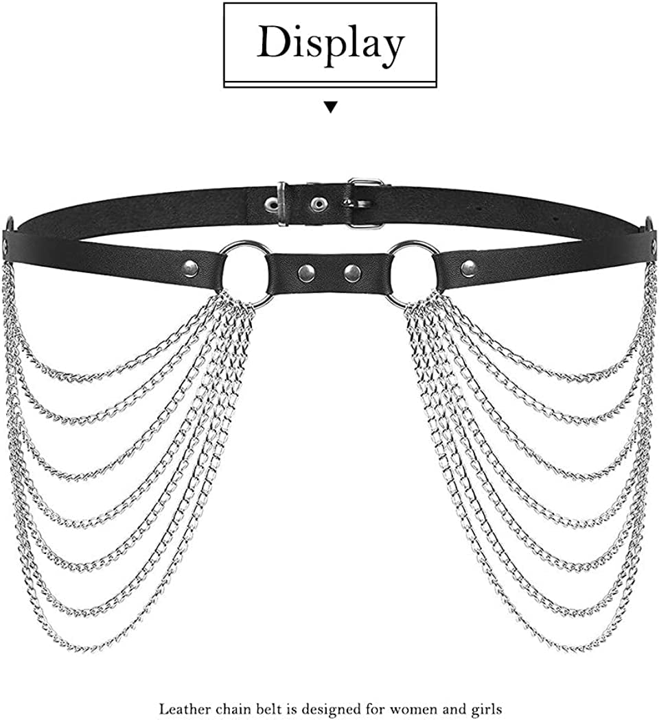 Kakaco Leather Waist Chain Belt Layered Belly Belts Chain Black Rave Body Chains Jewelry for Women and Girls Apparel & Accessories > Jewelry > Body Jewelry Kakaco