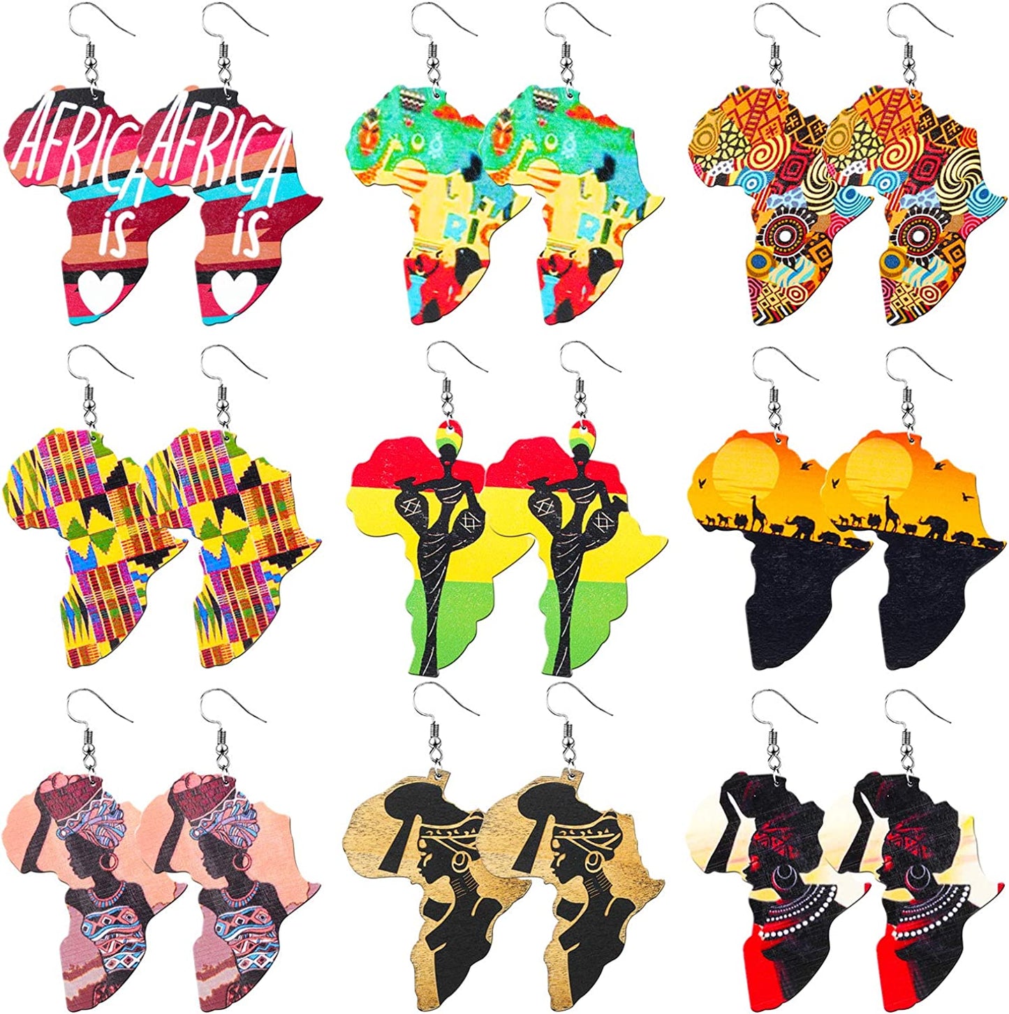 Honsny 9-12 Pairs African Wooden Earrings for Women round Wooden Painted Ethnic Earrings Drop Dangle Earrings Set Apparel & Accessories > Jewelry > Earrings Honsny A-9Paris