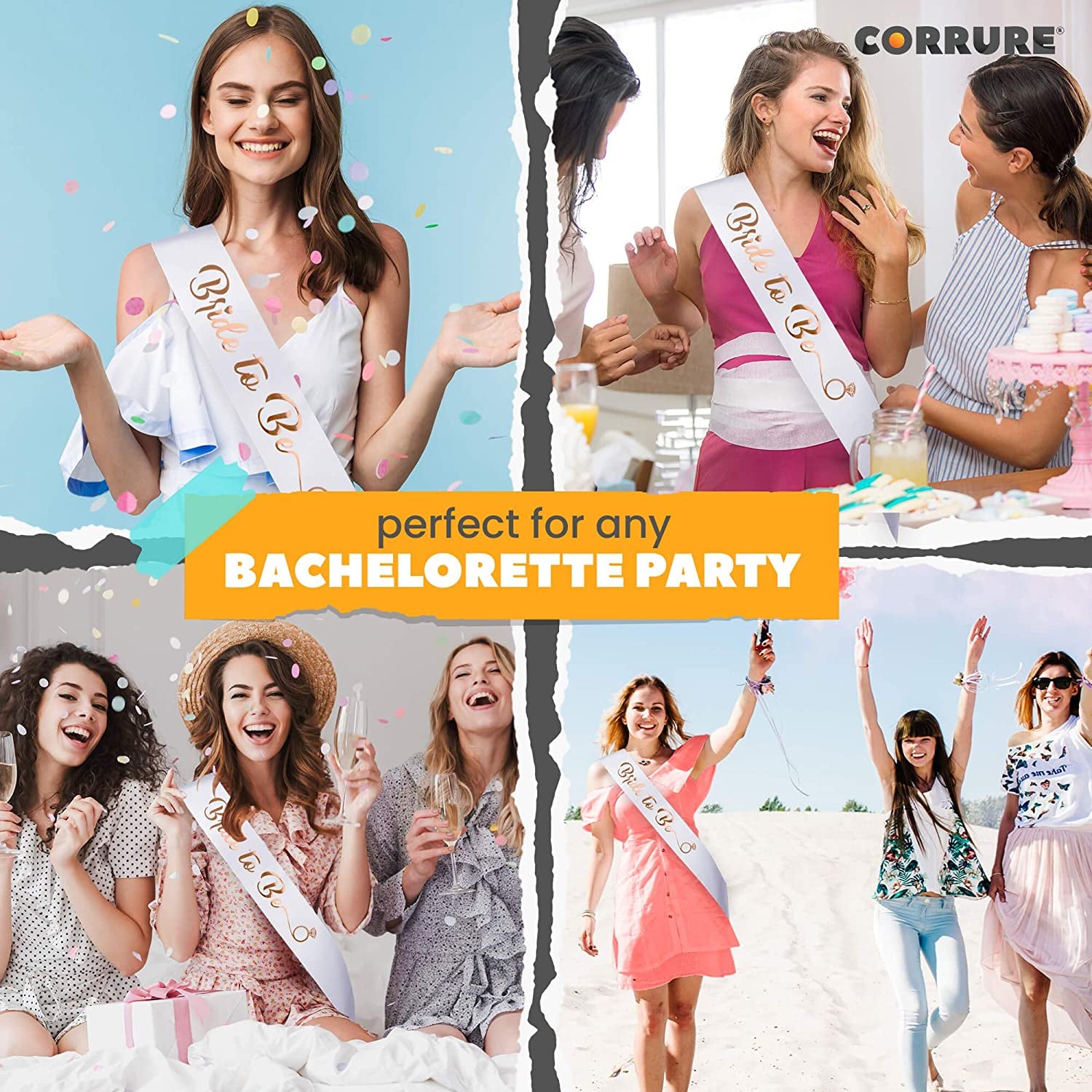 CORRURE 'Bride to Be' Bachelorette Party Sash - Bridal Shower White Satin Sash with Rose Gold Foil Lettering - Hen Party Decorations Supplies Accessories, Wedding Engagement Party Favors Gift Apparel & Accessories > Clothing Accessories > Sashes CORRURE