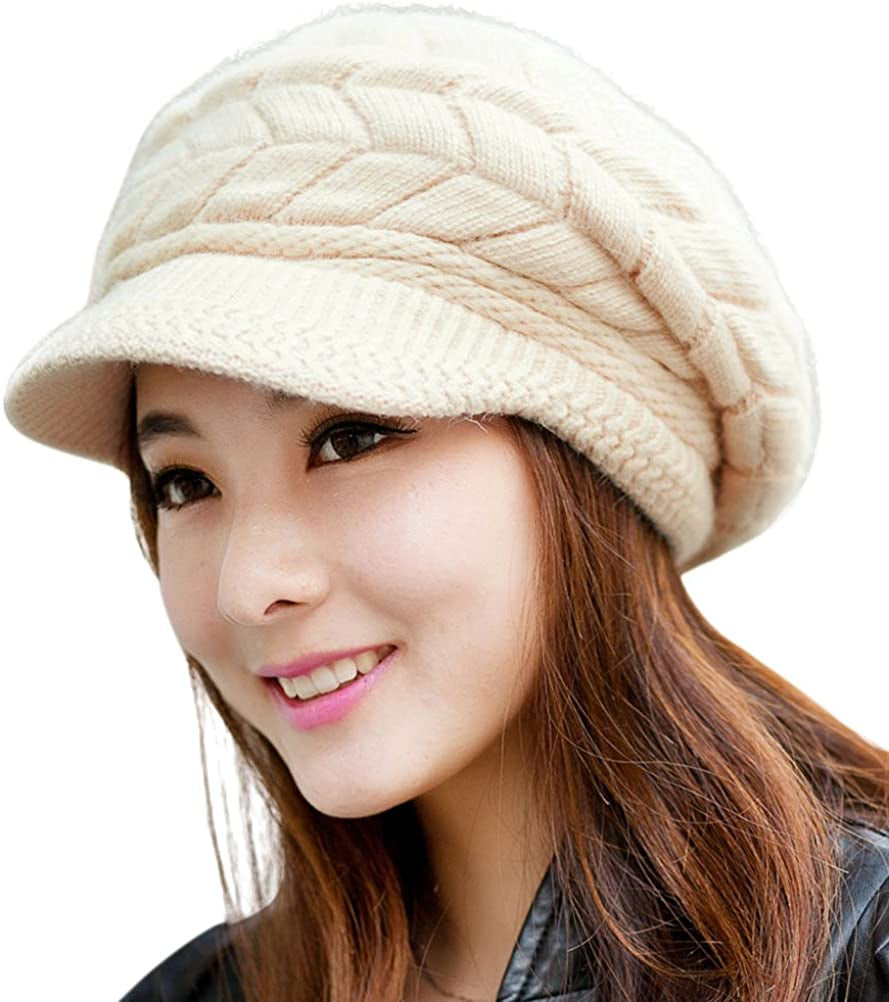HINDAWI Women Winter Warm Knit Hat Wool Snow Ski Caps with Visor Apparel & Accessories > Clothing Accessories > Hats HINDAWI Beige