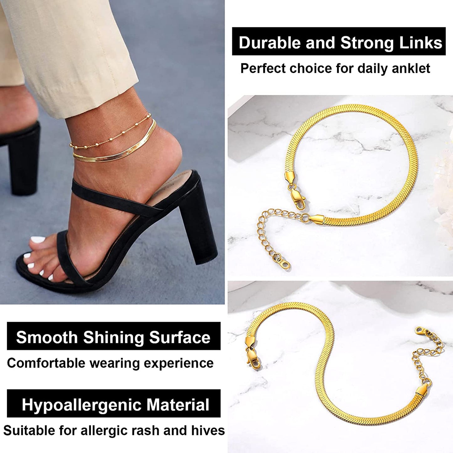 FOCALOOK 18K Gold Plated Flat Snake Chain Link Dainty Ankle Bracelets for Women, Boho Summer Beach Anklet Adjustable Foot Jewelry (4 Colors) Apparel & Accessories > Jewelry > Anklets FOCALOOK JEWELRY