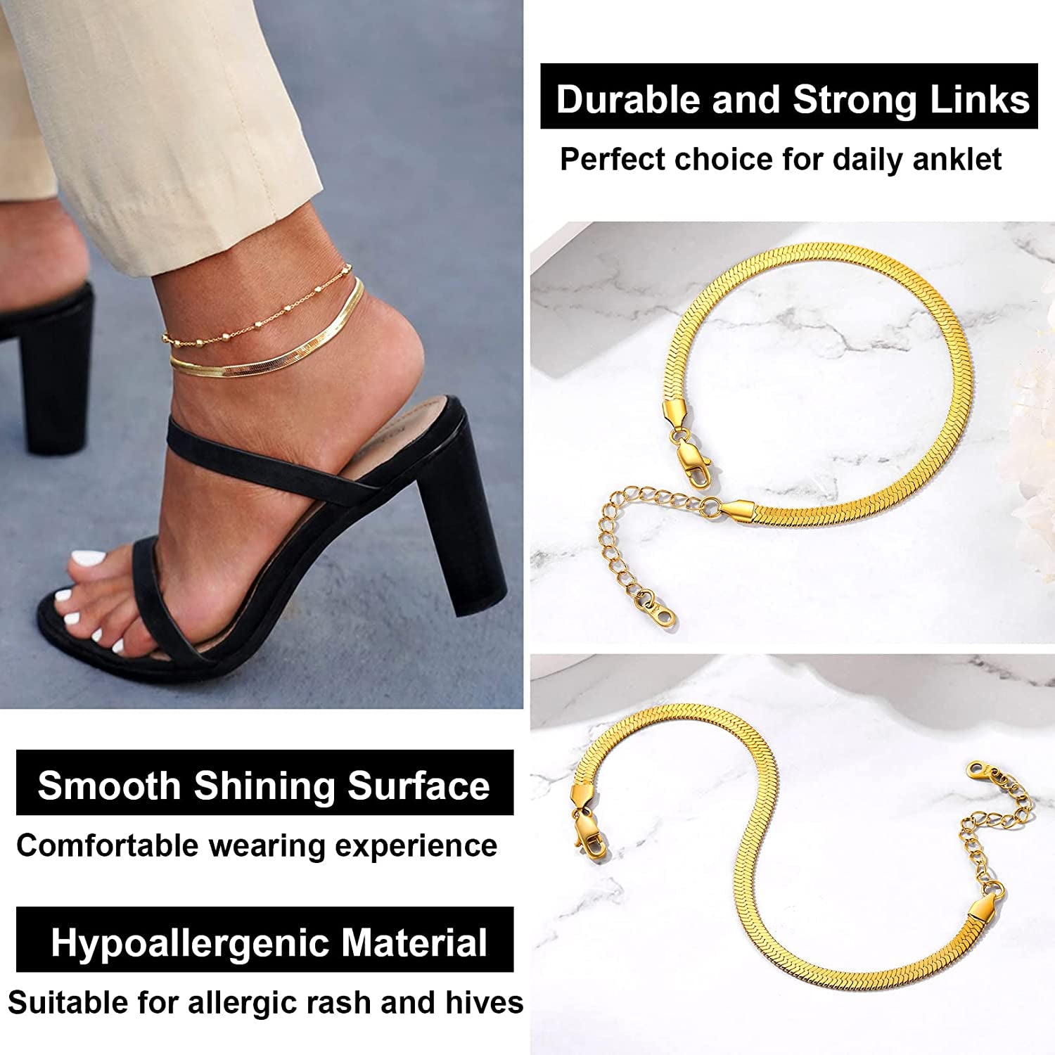 FOCALOOK 18K Gold Plated Flat Snake Chain Link Dainty Ankle Bracelets for Women, Boho Summer Beach Anklet Adjustable Foot Jewelry (4 Colors) Apparel & Accessories > Jewelry > Anklets FOCALOOK JEWELRY