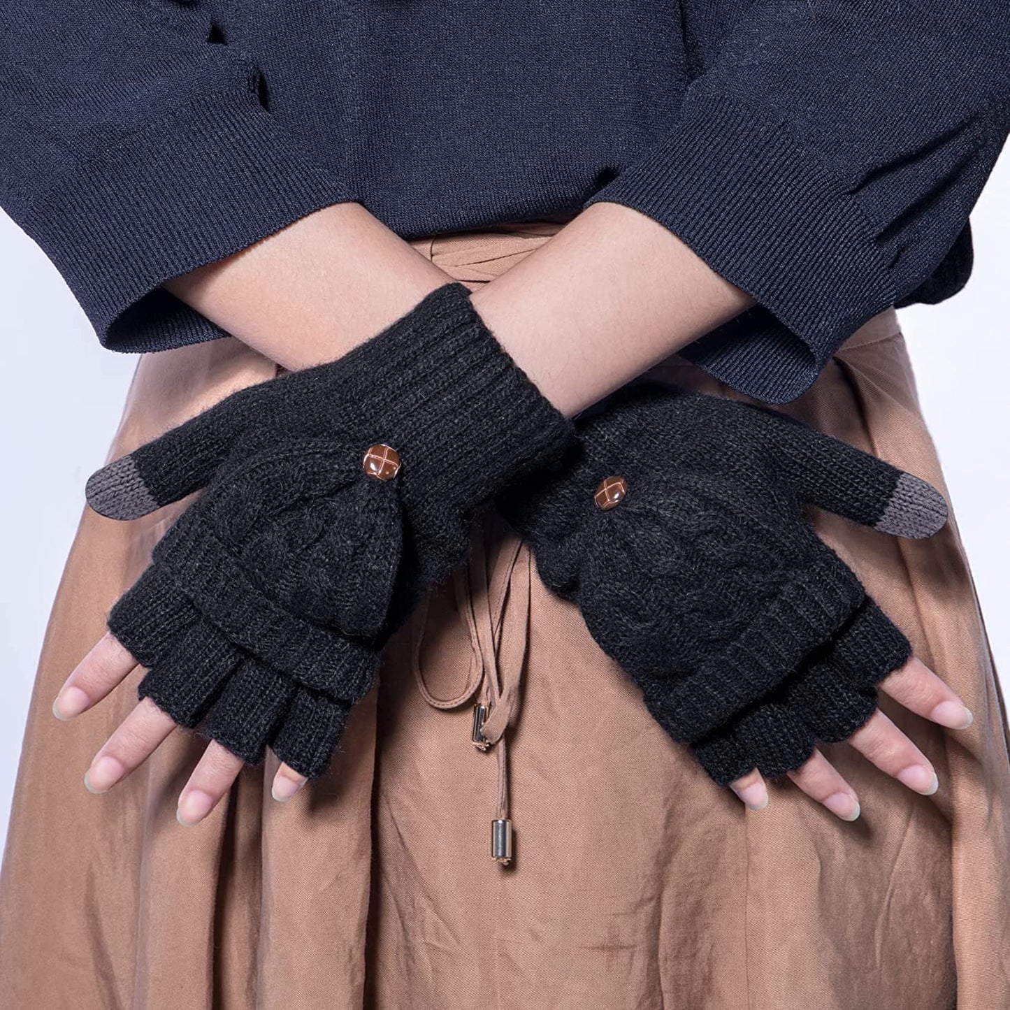 Winter Gloves Warm Wool Knit Flip Fingerless Gloves Mittens for Women Gifts Apparel & Accessories > Clothing Accessories > Gloves & Mittens Loritta