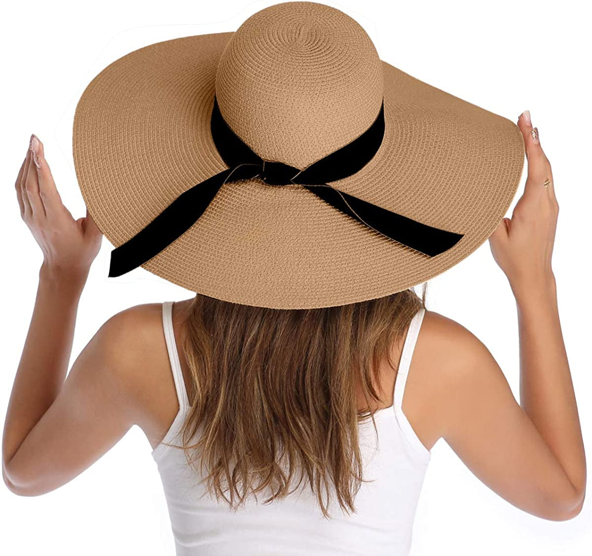 Lanzom Womens Wide Brim Straw Hat Big Floppy Foldable Roll up Cap Beach Sun Hat UPF 50+ Apparel & Accessories > Clothing Accessories > Hats Lanzom