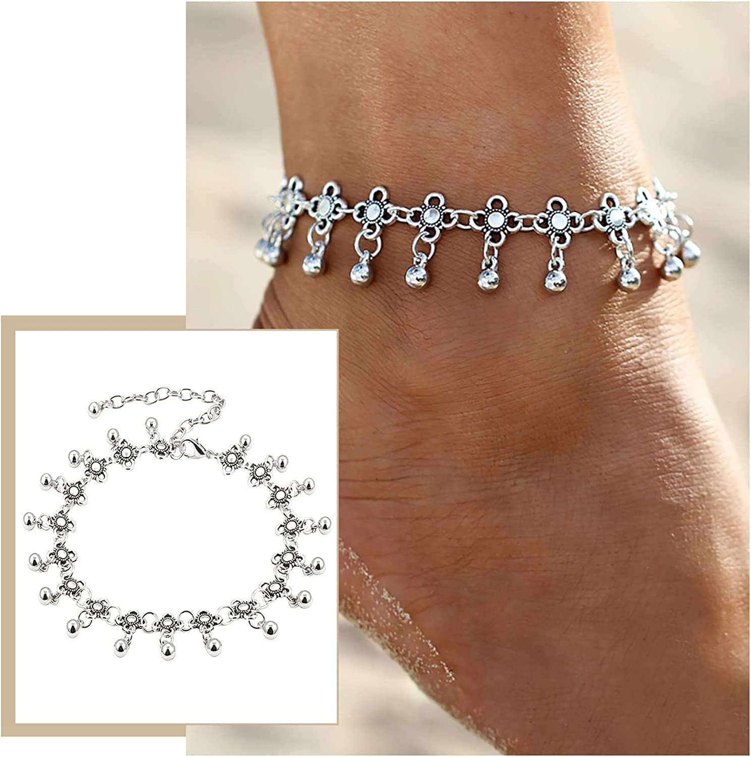 Beach Bells Ankle Bracelets for Women Girls Style Chain Beach Anklet Bracelet Jewelry Anklet Adjustable Size Wave Bracelet Smart Bracelet (Silver, One Size) Apparel & Accessories > Jewelry > Anklets Generic