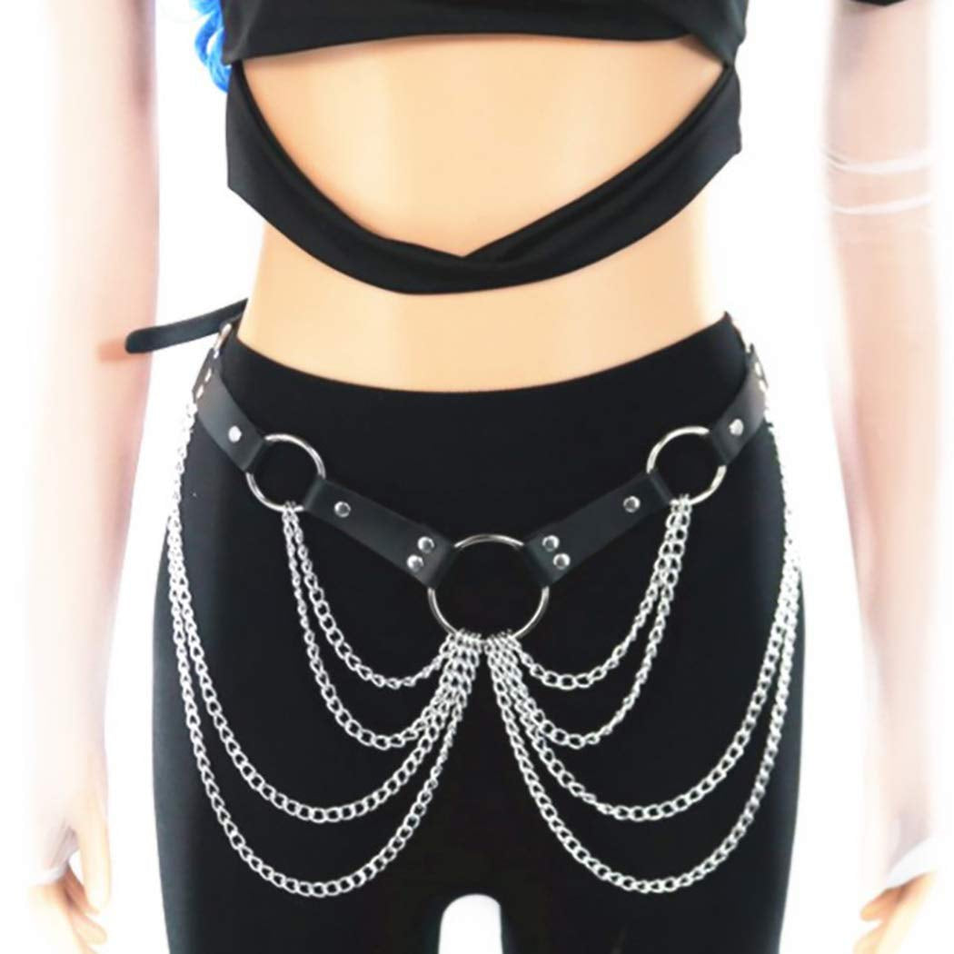 Asooll Punk Leather Waist Harness Chain Gothic Black Body Chain Belly Belt Chain Fashion Party Nightclub Body Accessories Jewelry for Women and Girls (Black1) Apparel & Accessories > Jewelry > Body Jewelry Asooll
