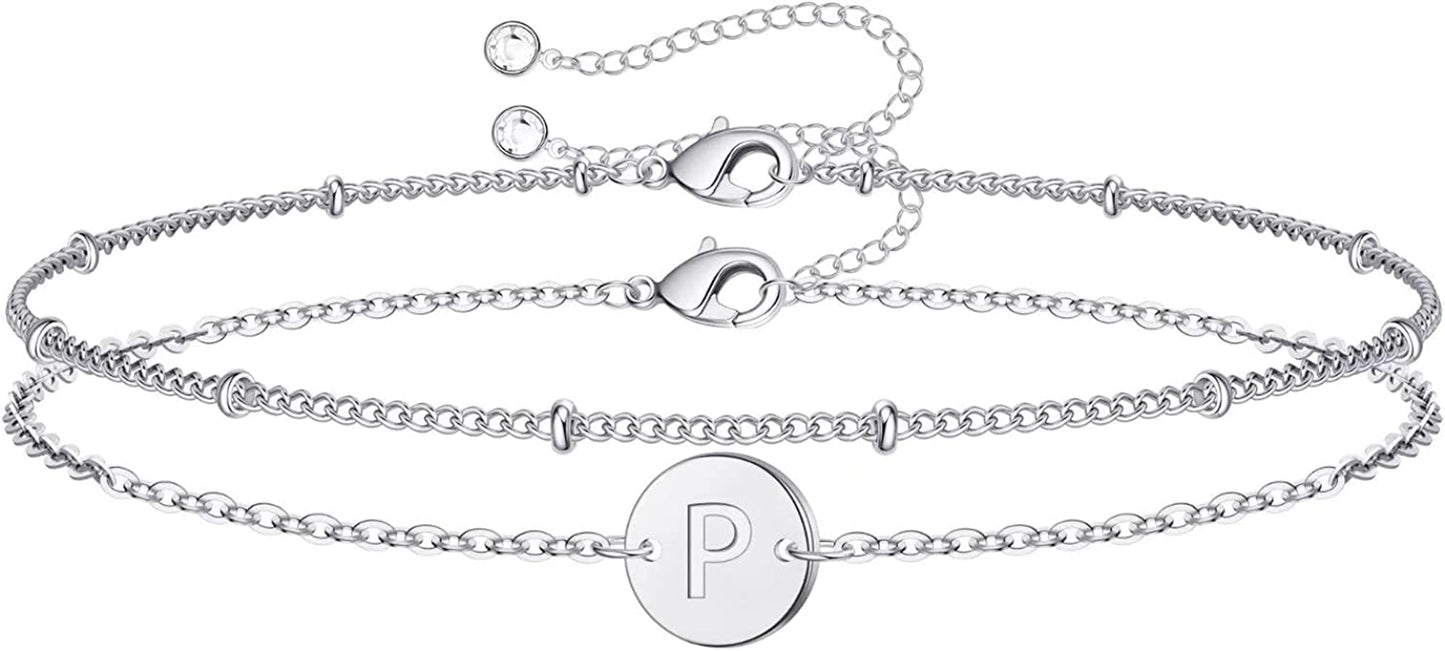 Silver Initial Bracelets for Women Teen Girls, 14K White Gold Filled Layered Letter Initial Bracelet Dainty Disc Initial Charm Bracelets Silver Bracelets for Women Girls Jewelry Gifts for Girls Apparel & Accessories > Jewelry > Bracelets MONOZO P