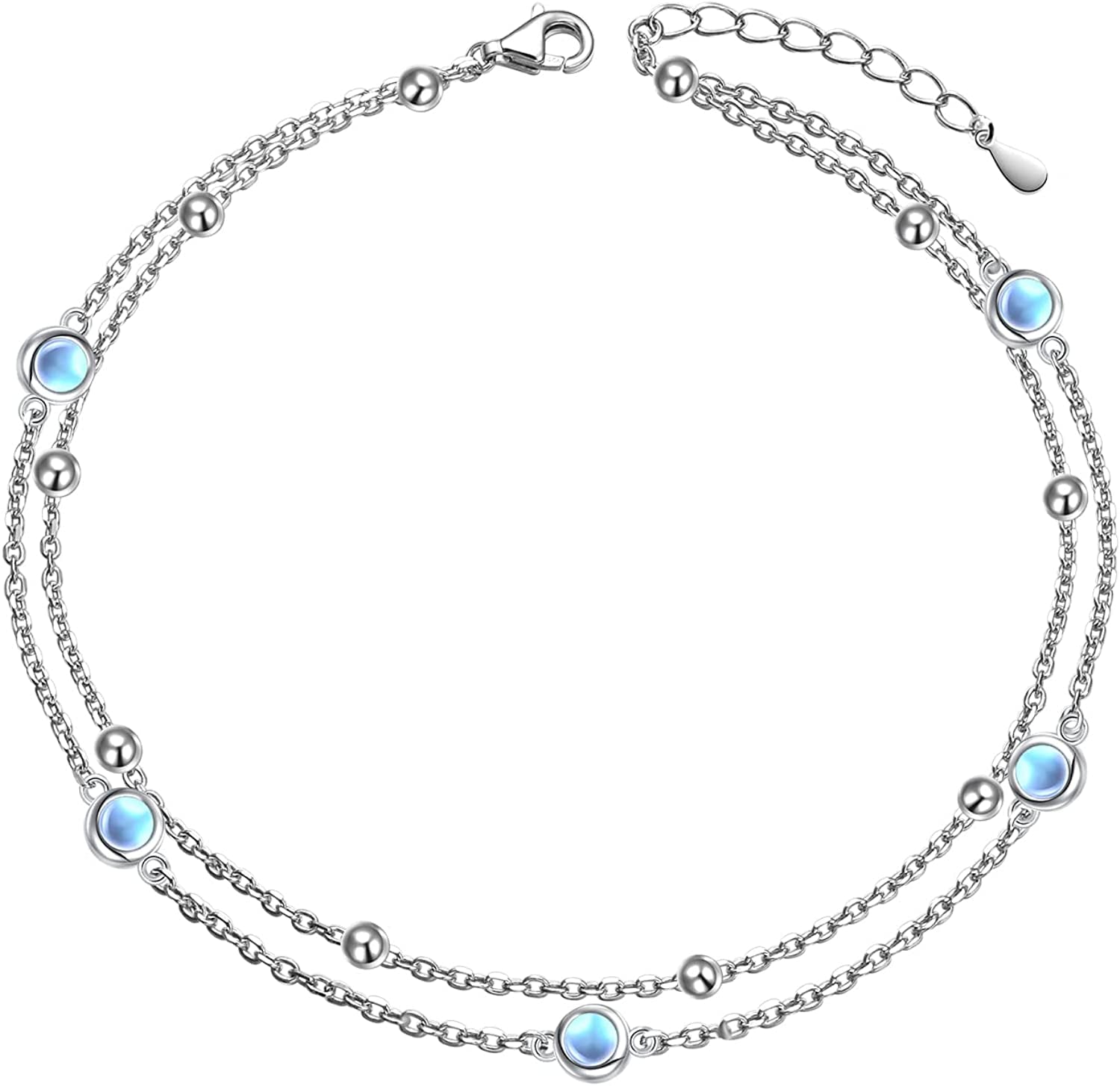 Flyow Anklet for Women S925 Sterling Silver Adjustable Foot Beaded Heart Charm Ankle Bracelet Anklets Jewelry Apparel & Accessories > Jewelry > Anklets FLYOW Moonstone