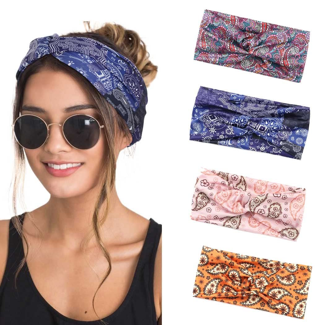 Urieo Boho Headbands Stretch Paisley Print Bandana Headband Criss Cross Hair Bands Knotted Head Wrap Yoga Daily for Women and Girls (Pack of 4) (A) Apparel & Accessories > Clothing Accessories > Bandanas & Headties Urieo D