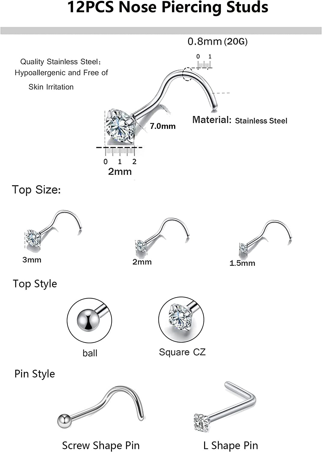 Nose Rings and Studs Set 20G Men Women,L Shape Nose Ring Studs and Screw Nostril Body Piercing Jewelry Set Hypoallergenic Surgical Steel(12Pcs,Size 1.5,2,3Mm) Apparel & Accessories > Jewelry > Body Jewelry Renkovte